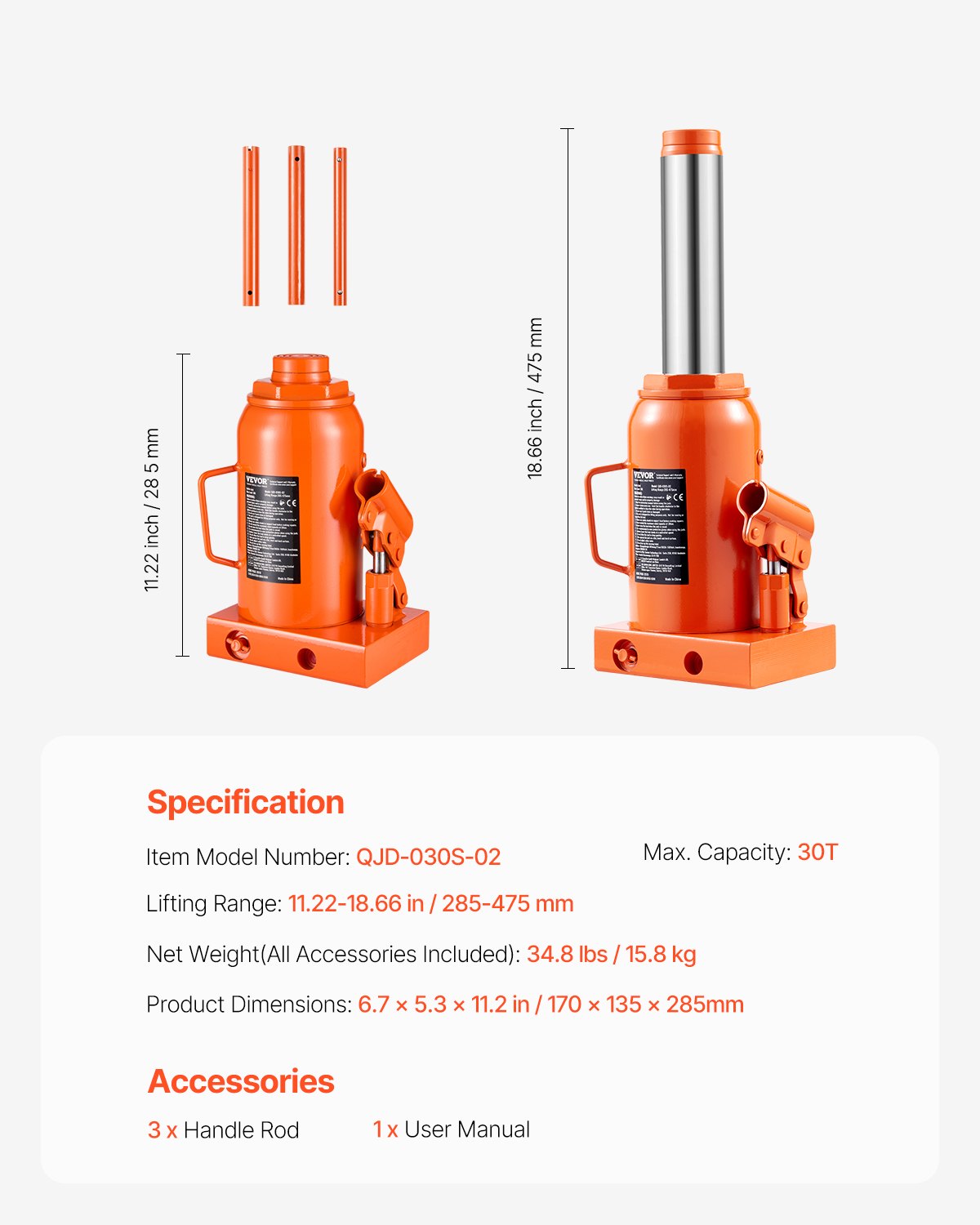 VEVOR Hydraulic Bottle Jack, 30 Ton/66138 lbs Welded Bottle Jack with 11.22''-18.66'' Lifting Range & 3-Section Long Handle, for Car, Pickup, Truck, RV, Auto Repair, Industrial Engineering