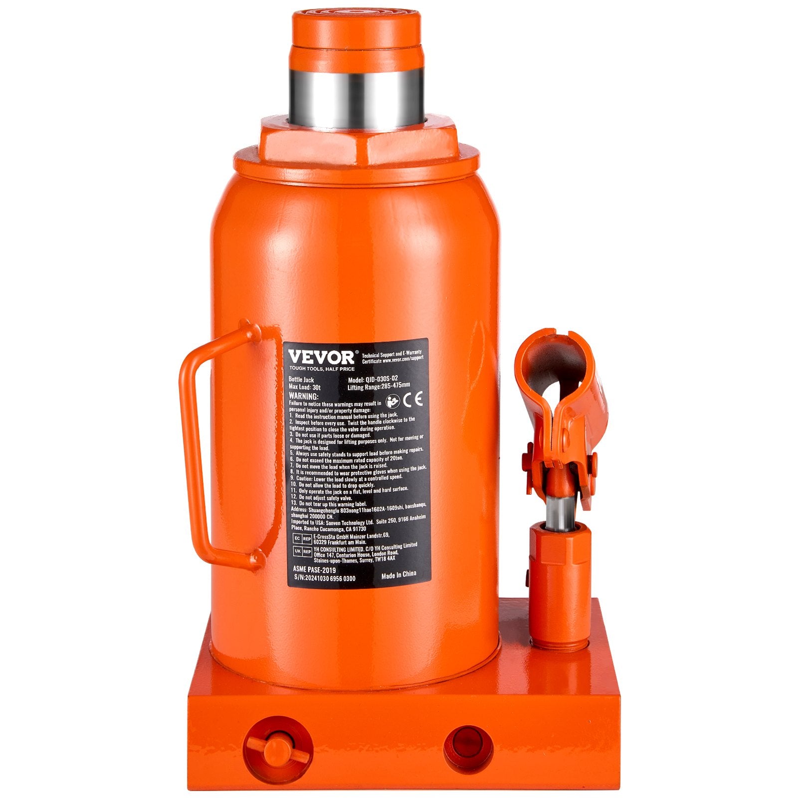 VEVOR Hydraulic Bottle Jack, 30 Ton/66138 lbs Welded Bottle Jack with 11.22''-18.66'' Lifting Range & 3-Section Long Handle, for Car, Pickup, Truck, RV, Auto Repair, Industrial Engineering