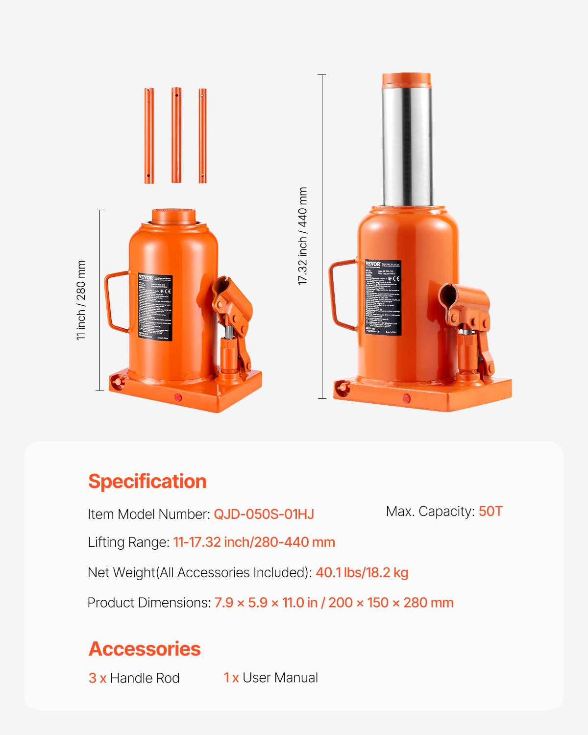 VEVOR Hydraulic Bottle Jack, 50 Ton/110231 lbs Welded Bottle Jack with 11''-17.32'' Lifting Range & 3-Section Long Handle, for Car, Pickup, Truck, RV, Auto Repair, Industrial Engineering