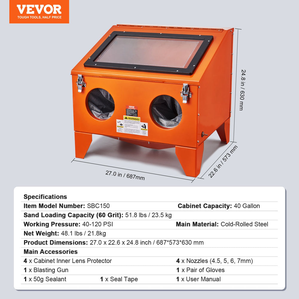 VEVOR 151.4 L Sandblasting Cabinet Benchtop Cabinet with Blasting Gun 4 Nozzle