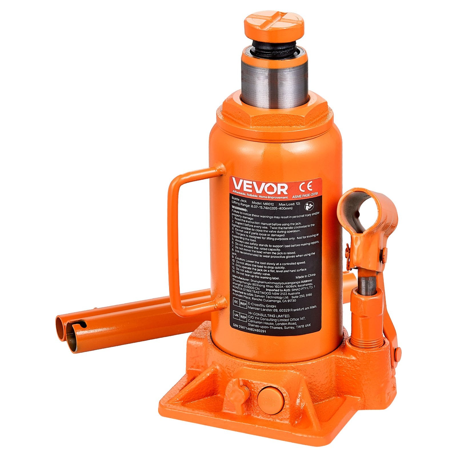 VEVOR Hydraulic Bottle Jack, 12 Ton (26455.5 lbs) Capacity, 205-400 mm Lifting Range, Heavy Duty Welded Bottle Jack for Car, SUV, Pickup, Auto Repair, House Lift and Agricultural Equipment, Orange