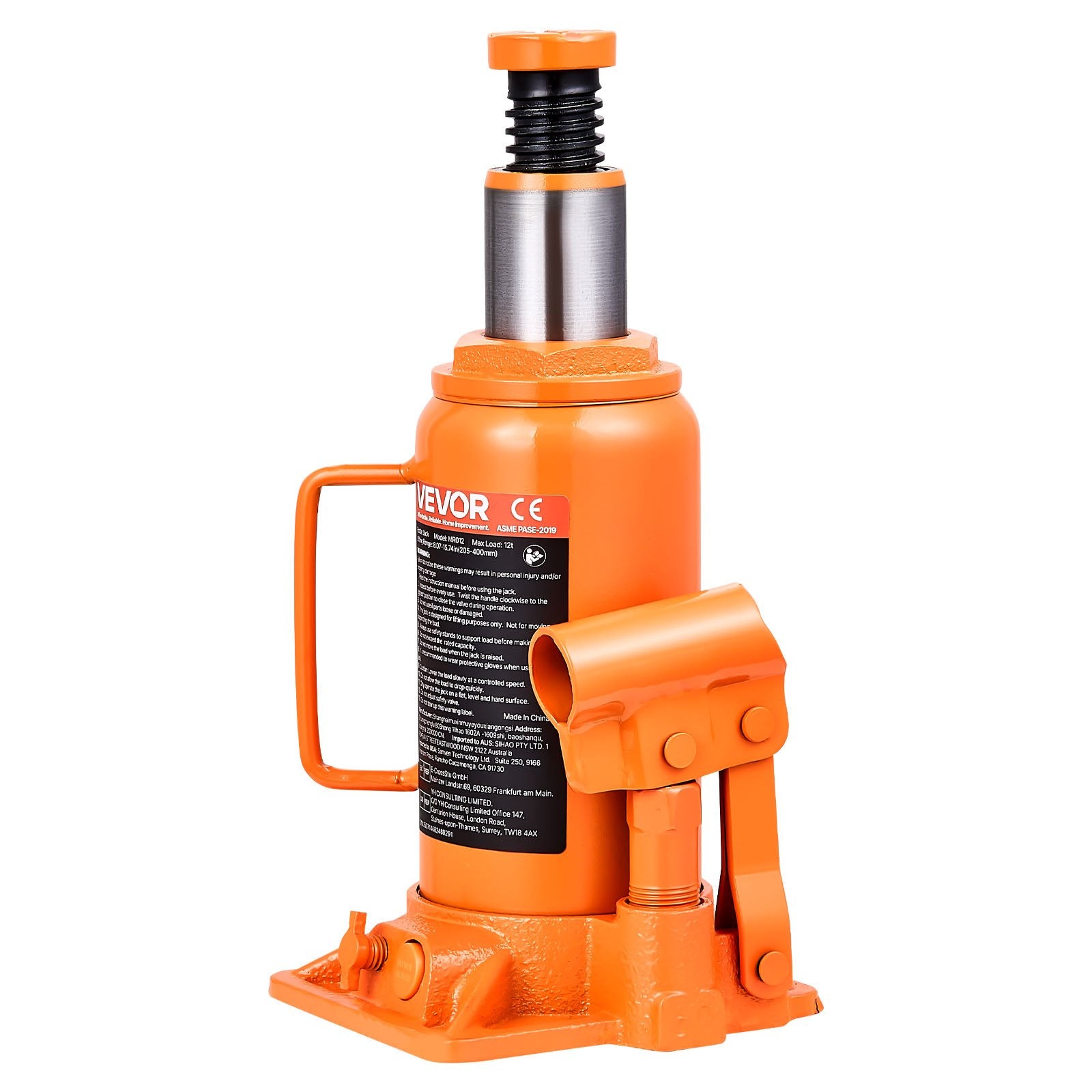 VEVOR Hydraulic Bottle Jack, 12 Ton (26455.5 lbs) Capacity, 205-400 mm Lifting Range, Heavy Duty Welded Bottle Jack for Car, SUV, Pickup, Auto Repair, House Lift and Agricultural Equipment, Orange
