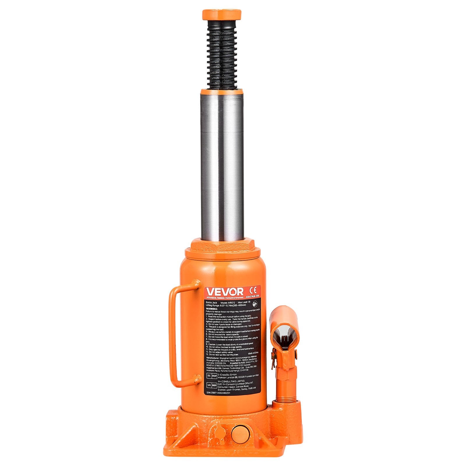 VEVOR Hydraulic Bottle Jack, 12 Ton (26455.5 lbs) Capacity, 205-400 mm Lifting Range, Heavy Duty Welded Bottle Jack for Car, SUV, Pickup, Auto Repair, House Lift and Agricultural Equipment, Orange