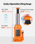 VEVOR Hydraulic Bottle Jack, 20 Ton (44092 lbs) Load Capacity, 225-435 mm Lifting Range, Heavy Duty Welded Bottle Jack for Car, SUV, Pickup, Auto Repair, House Lift and Agricultural Equipment, Orange