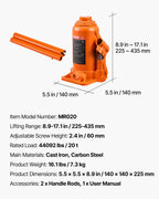 VEVOR Hydraulic Bottle Jack, 20 Ton (44092 lbs) Load Capacity, 225-435 mm Lifting Range, Heavy Duty Welded Bottle Jack for Car, SUV, Pickup, Auto Repair, House Lift and Agricultural Equipment, Orange