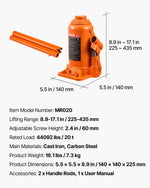 VEVOR Hydraulic Bottle Jack, 20 Ton (44092 lbs) Load Capacity, 225-435 mm Lifting Range, Heavy Duty Welded Bottle Jack for Car, SUV, Pickup, Auto Repair, House Lift and Agricultural Equipment, Orange