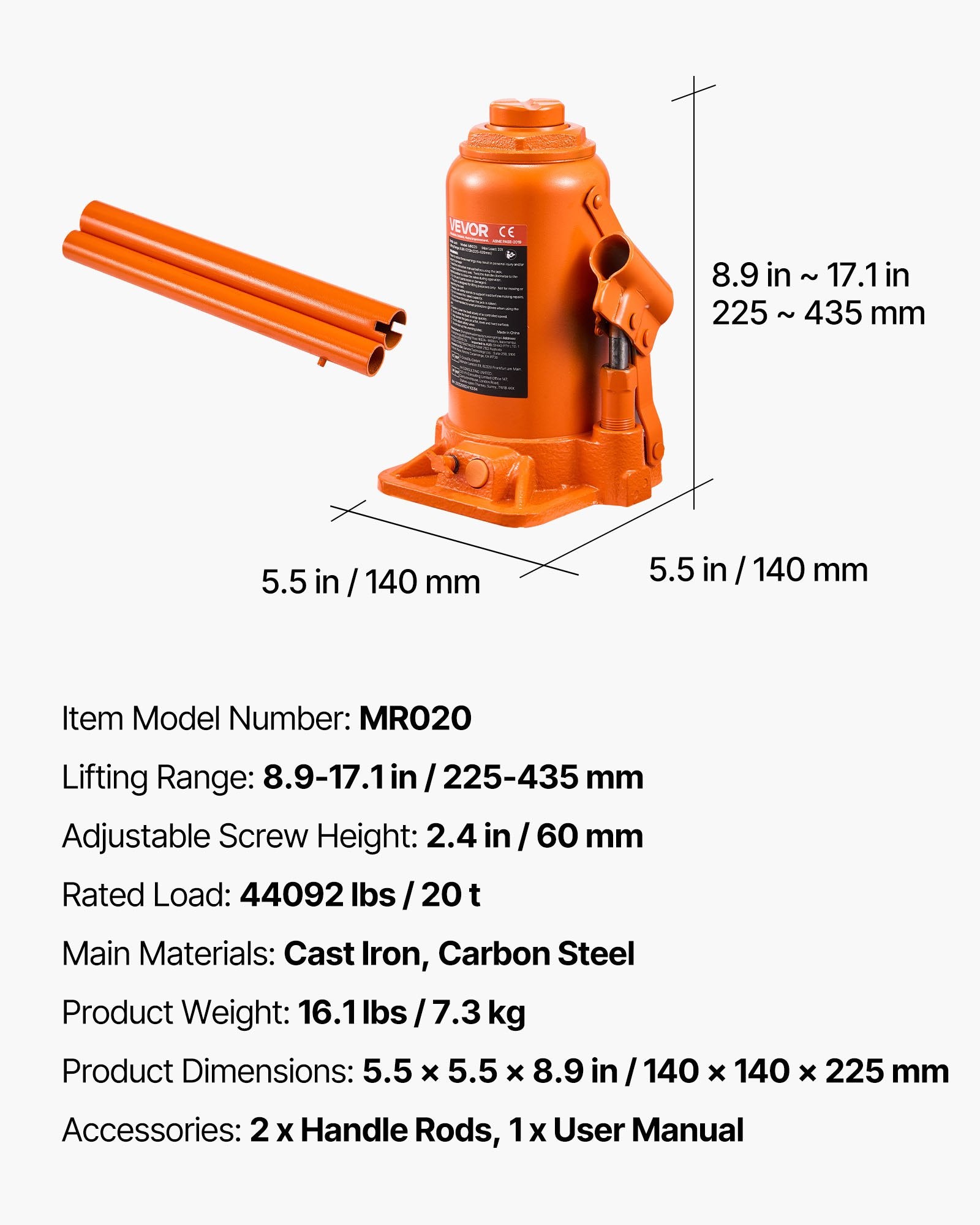 VEVOR Hydraulic Bottle Jack, 20 Ton (44092 lbs) Load Capacity, 225-435 mm Lifting Range, Heavy Duty Welded Bottle Jack for Car, SUV, Pickup, Auto Repair, House Lift and Agricultural Equipment, Orange