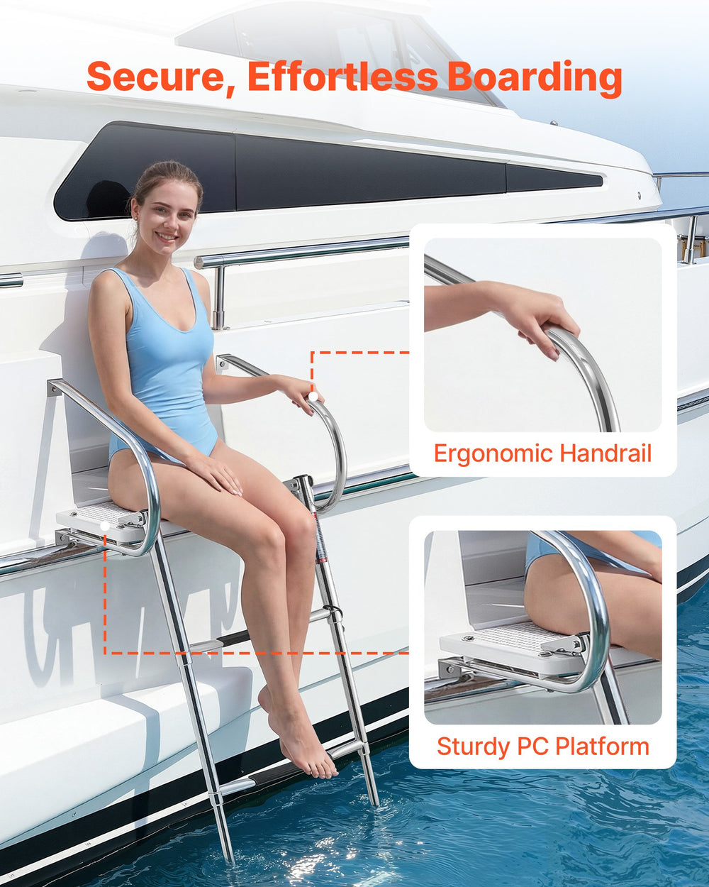 VEVOR Boat Ladder, 3 Steps, Stainless Steel Telescoping Folding Swim Deck Ladder for Rear Entry Inboard, 181.44 kg Capacity with Wide Anti-Slip Steps & Handrails, for Outboards, Yacht, Pontoon Boats