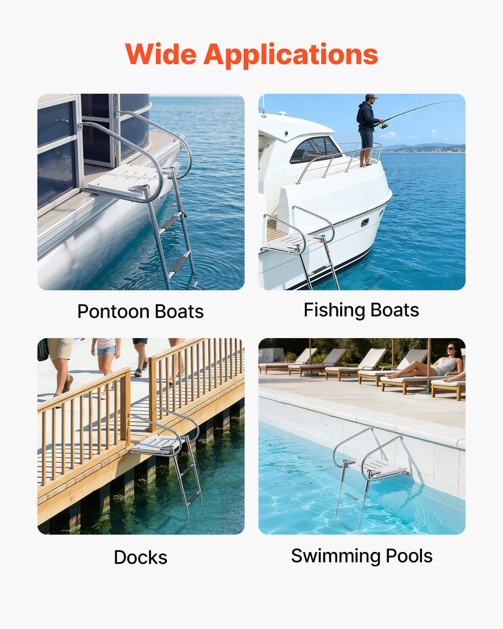 VEVOR Boat Ladder, 3 Steps, Stainless Steel Telescoping Folding Swim Deck Ladder for Rear Entry Inboard, 181.44 kg Capacity with Wide Anti-Slip Steps & Handrails, for Outboards, Yacht, Pontoon Boats