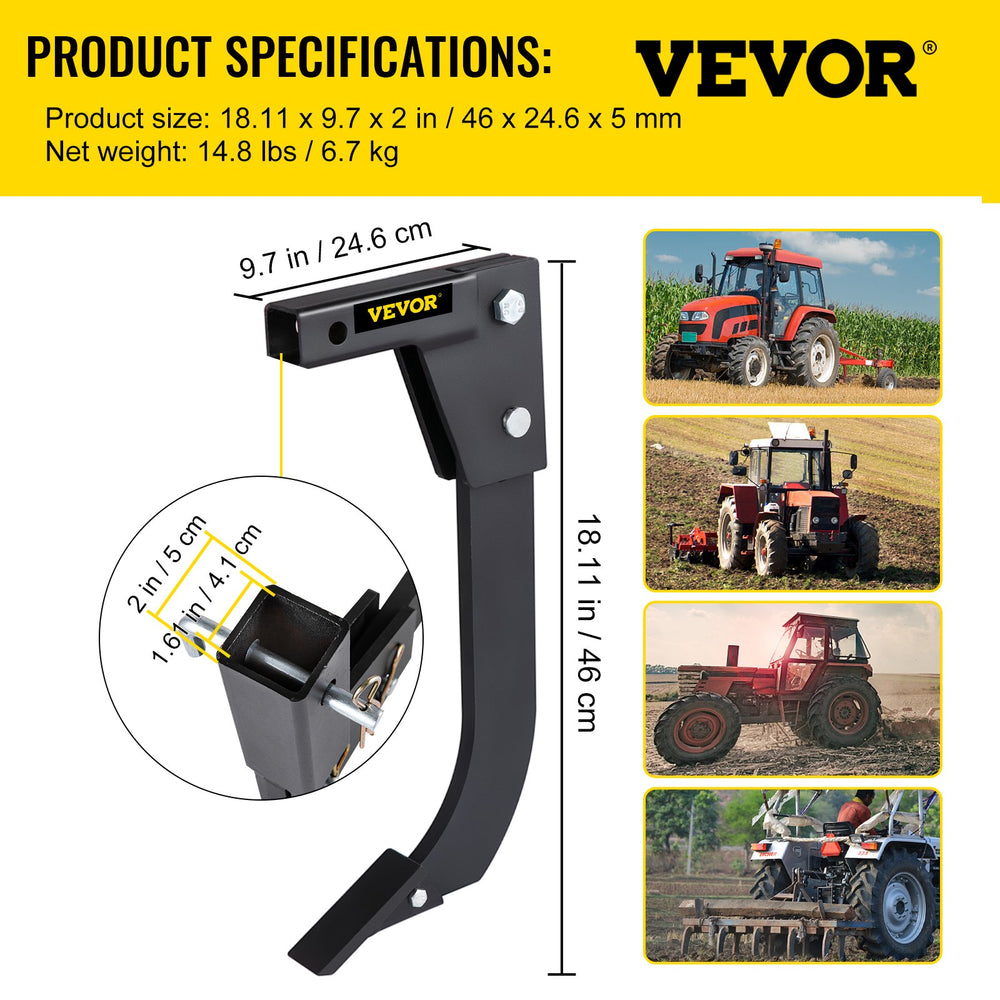 VEVOR Hitch Mounted Ripper, 18\" Shank Length Box Scraper Shank, 4 Hole Site Box Blade for Tractor, 2 Locating Pins Ripper Shank, 2 Plough Tips Box Blade Shank Teeth