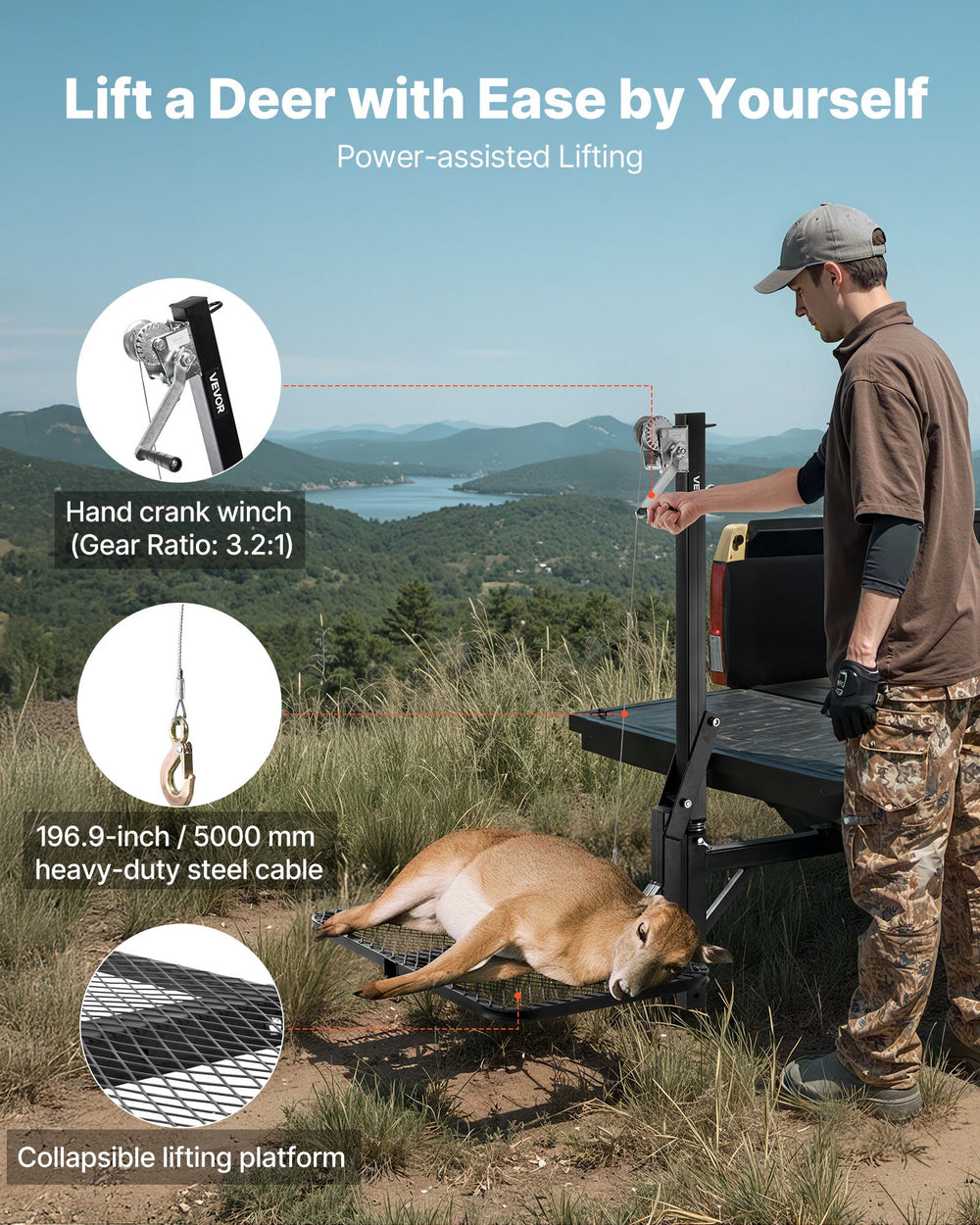 VEVOR Hitch Deer Hoist with Lifting System Platform, 300 lbs Load Capacity, Game Hoist Winch Lift with 2-inch Receiver, 360-Degree Swivel Shaft &amp; Foldable, Hitch-Mounted Deer Hanger for Moving Game