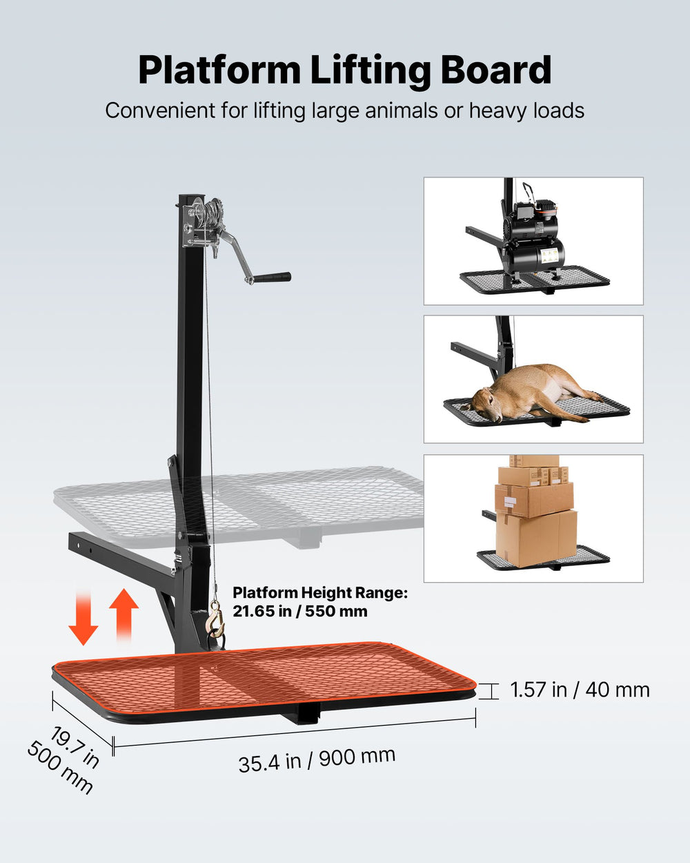VEVOR Hitch Deer Hoist with Lifting System Platform, 300 lbs Load Capacity, Game Hoist Winch Lift with 2-inch Receiver, 360-Degree Swivel Shaft &amp; Foldable, Hitch-Mounted Deer Hanger for Moving Game