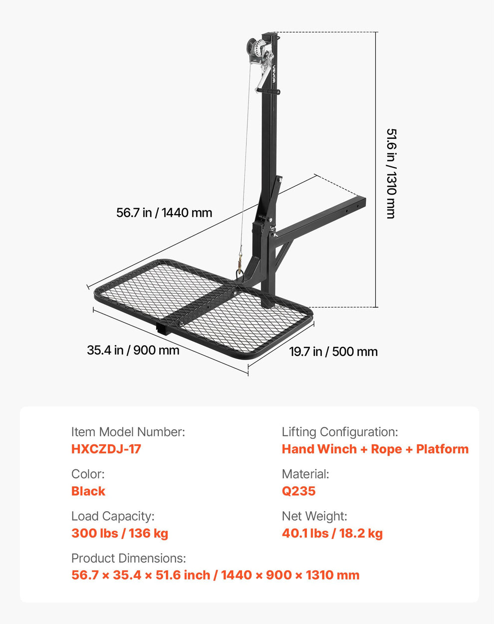 VEVOR Hitch Deer Hoist with Lifting System Platform, 300 lbs Load Capacity, Game Hoist Winch Lift with 2-inch Receiver, 360-Degree Swivel Shaft &amp; Foldable, Hitch-Mounted Deer Hanger for Moving Game
