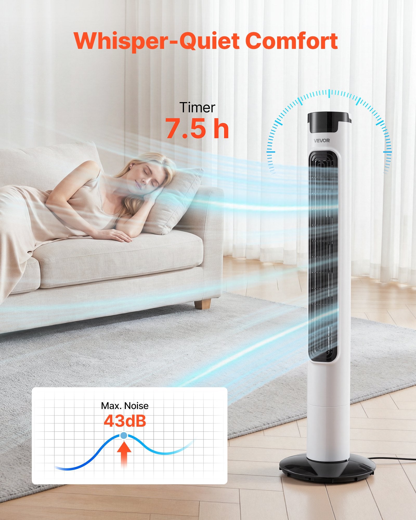 VEVOR Tower Fan, 50-Degree Oscillating Standing Fan, 3 Speeds & 3 Modes & 7.5-Hour Timer, 4.2 m/s High Velocity Floor Air Circulator, Powerful Airflow for Bedroom, Living Room, Home, Office, White