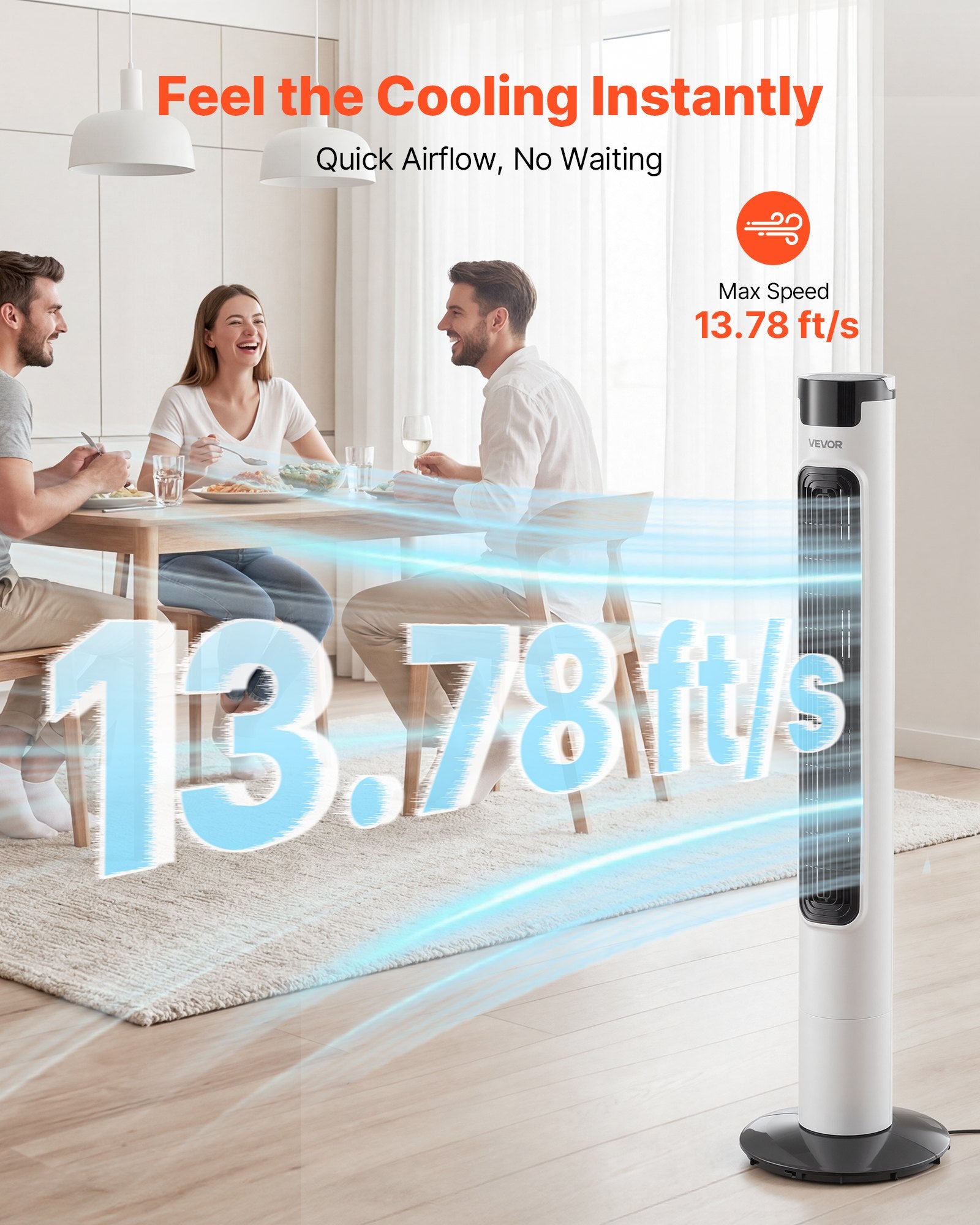 VEVOR Tower Fan, 50-Degree Oscillating Standing Fan, 3 Speeds & 3 Modes & 7.5-Hour Timer, 4.2 m/s High Velocity Floor Air Circulator, Powerful Airflow for Bedroom, Living Room, Home, Office, White
