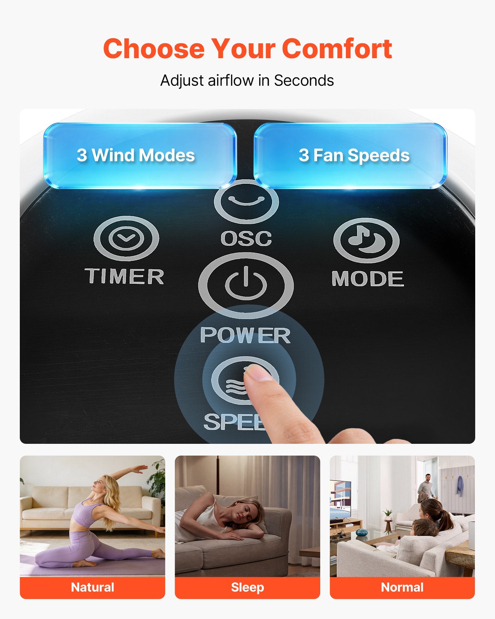 VEVOR Tower Fan, 50-Degree Oscillating Standing Fan, 3 Speeds & 3 Modes & 7.5-Hour Timer, 4.2 m/s High Velocity Floor Air Circulator, Powerful Airflow for Bedroom, Living Room, Home, Office, White