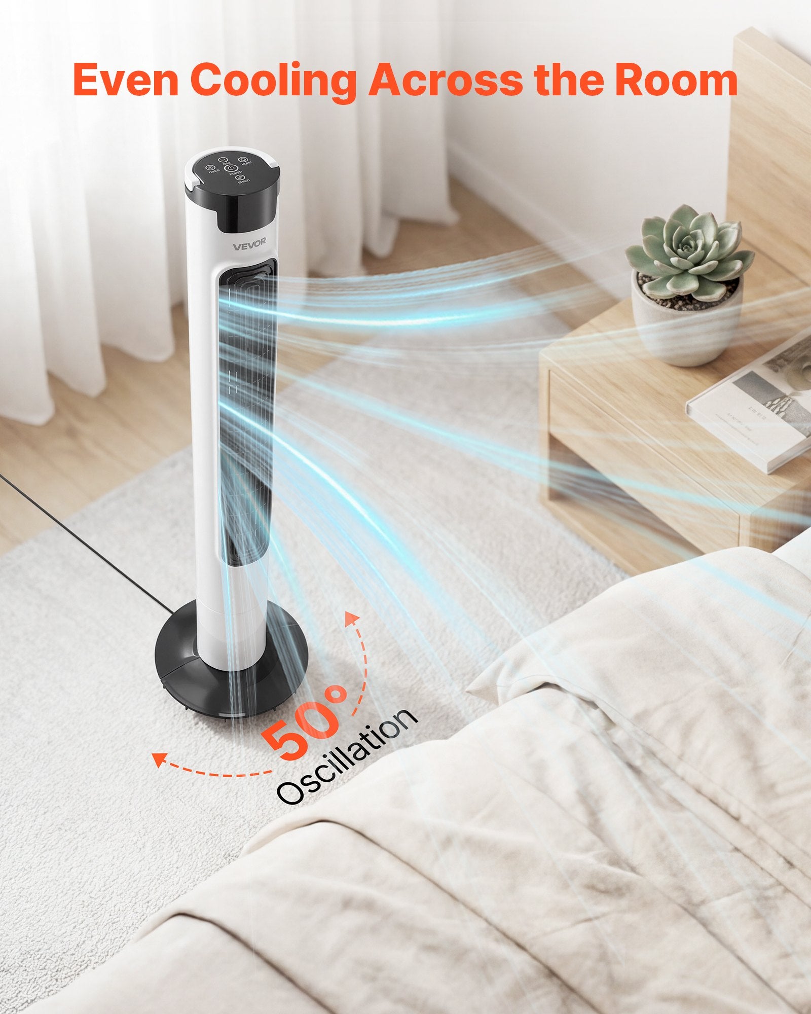 VEVOR Tower Fan, 50-Degree Oscillating Standing Fan, 3 Speeds & 3 Modes & 7.5-Hour Timer, 4.2 m/s High Velocity Floor Air Circulator, Powerful Airflow for Bedroom, Living Room, Home, Office, White