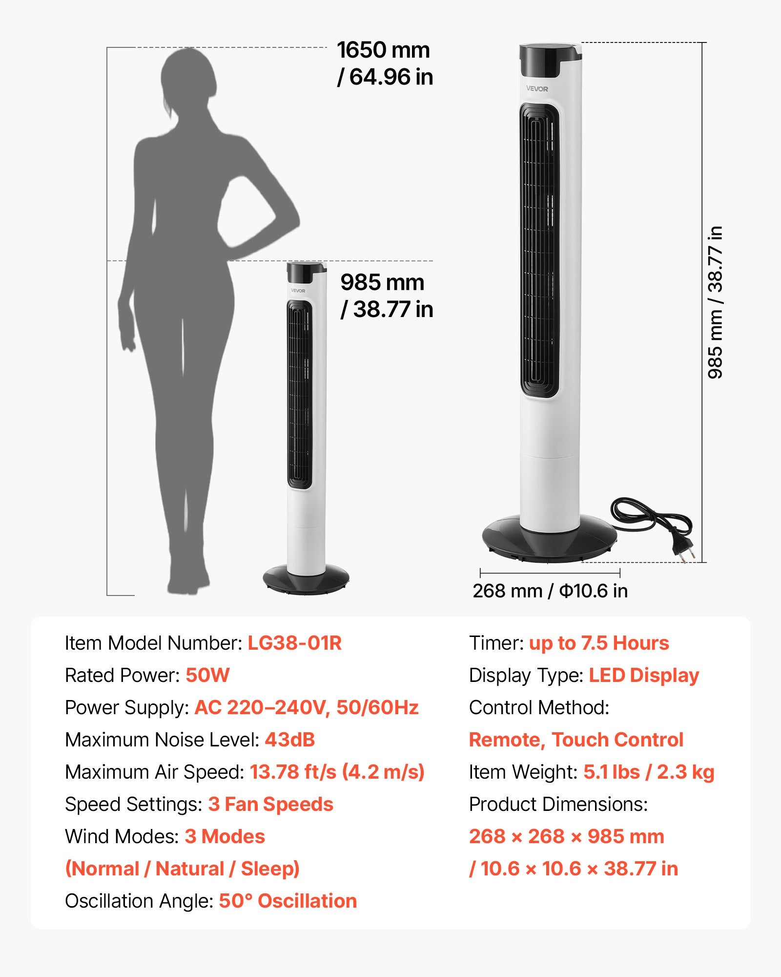 VEVOR Tower Fan, 50-Degree Oscillating Standing Fan, 3 Speeds & 3 Modes & 7.5-Hour Timer, 4.2 m/s High Velocity Floor Air Circulator, Powerful Airflow for Bedroom, Living Room, Home, Office, White