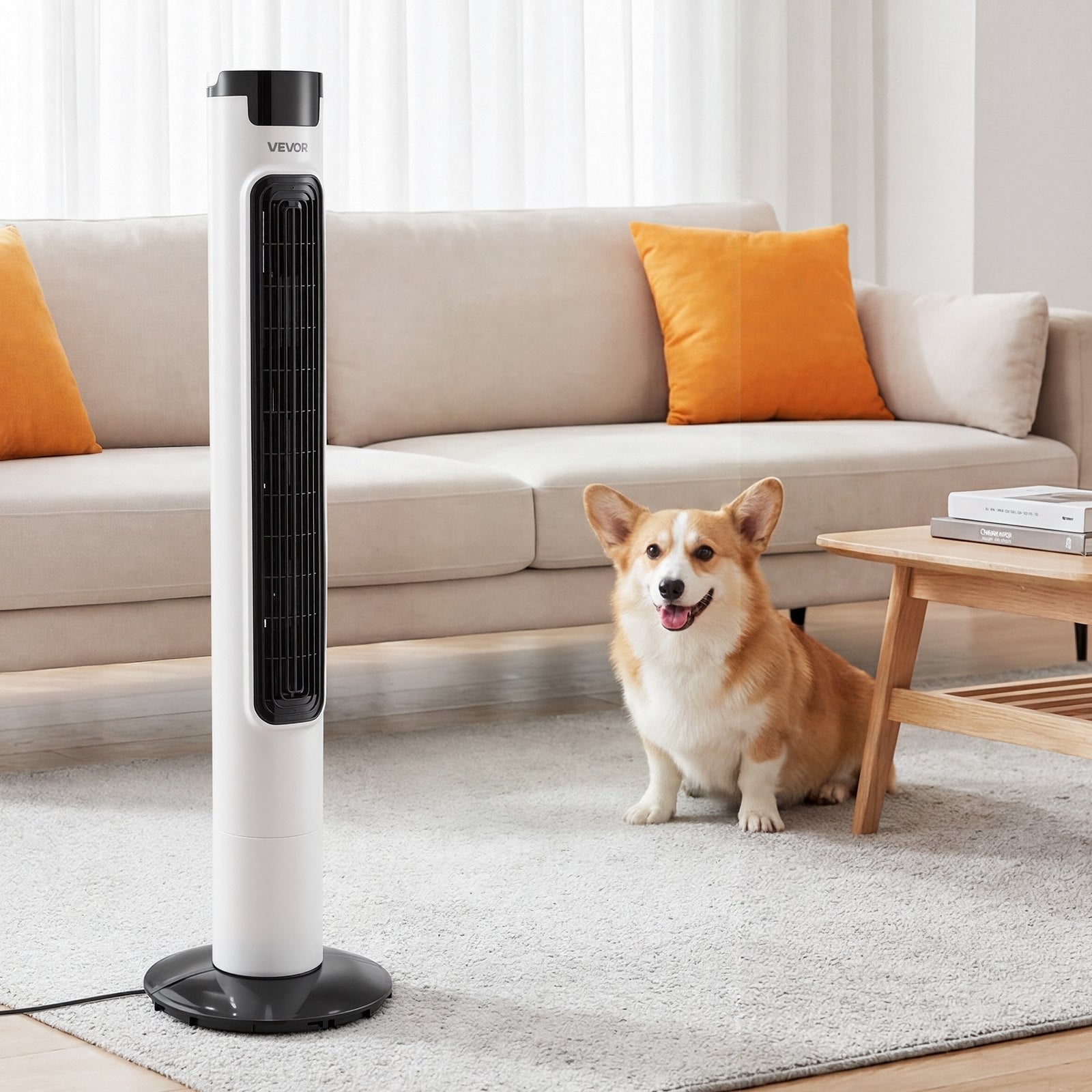 VEVOR Tower Fan, 50-Degree Oscillating Standing Fan, 3 Speeds & 3 Modes & 7.5-Hour Timer, 4.2 m/s High Velocity Floor Air Circulator, Powerful Airflow for Bedroom, Living Room, Home, Office, White