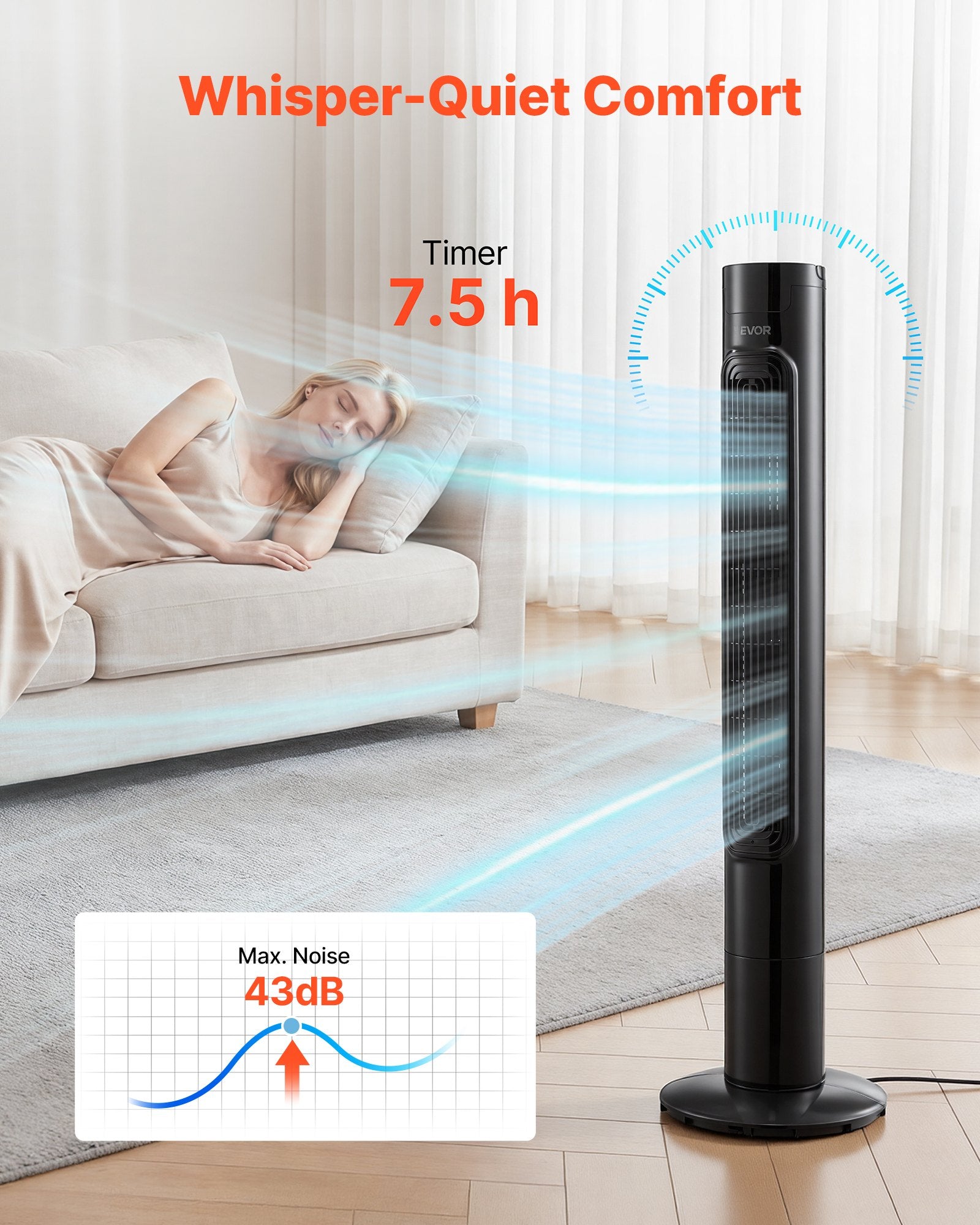 VEVOR Tower Fan, 50-Degree Oscillating Standing Fan, 3 Speeds & 3 Modes & 7.5-Hour Timer, 4.2 m/s High Velocity Floor Air Circulator, Powerful Airflow for Bedroom, Living Room, Home, Office, Black