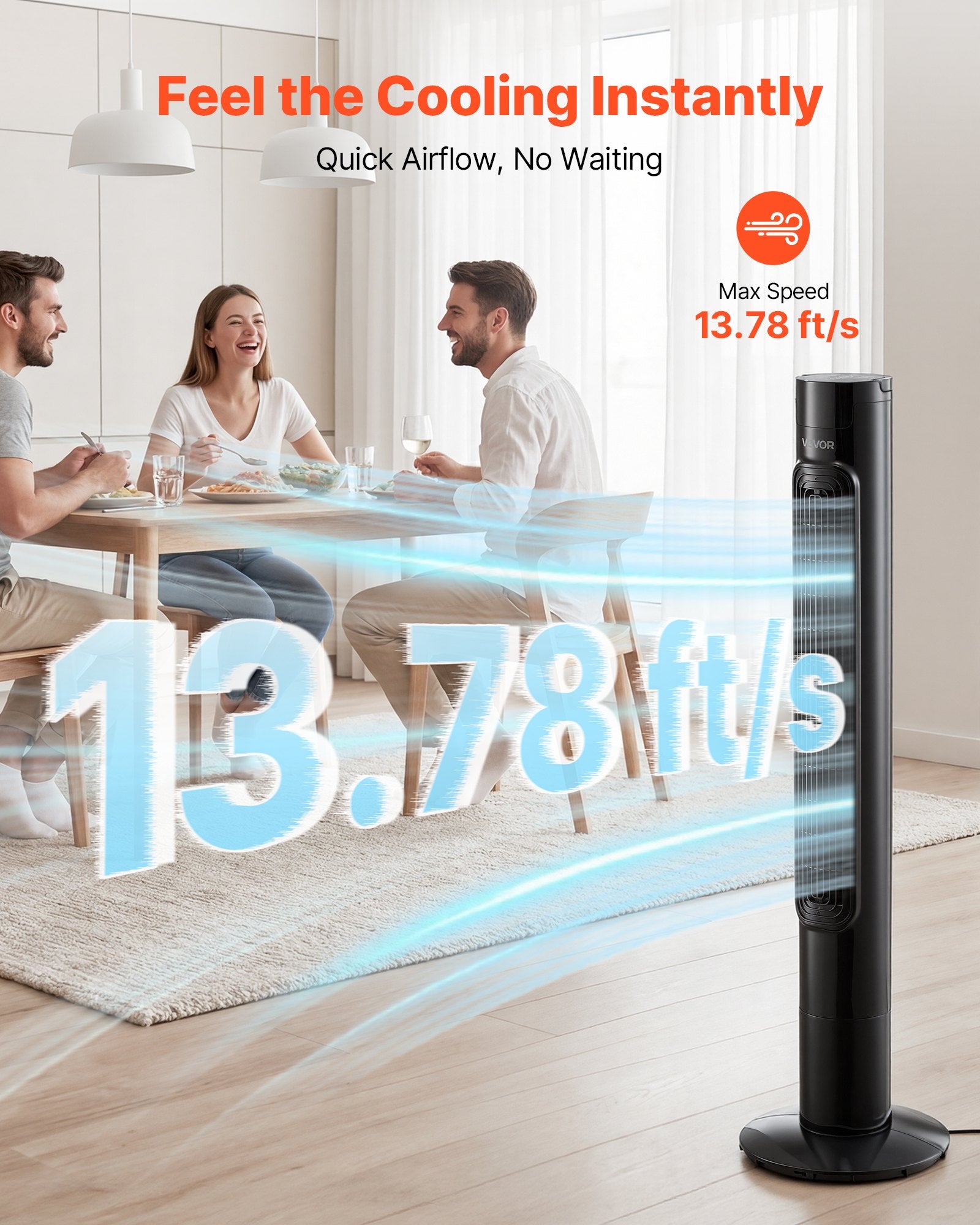 VEVOR Tower Fan, 50-Degree Oscillating Standing Fan, 3 Speeds & 3 Modes & 7.5-Hour Timer, 4.2 m/s High Velocity Floor Air Circulator, Powerful Airflow for Bedroom, Living Room, Home, Office, Black