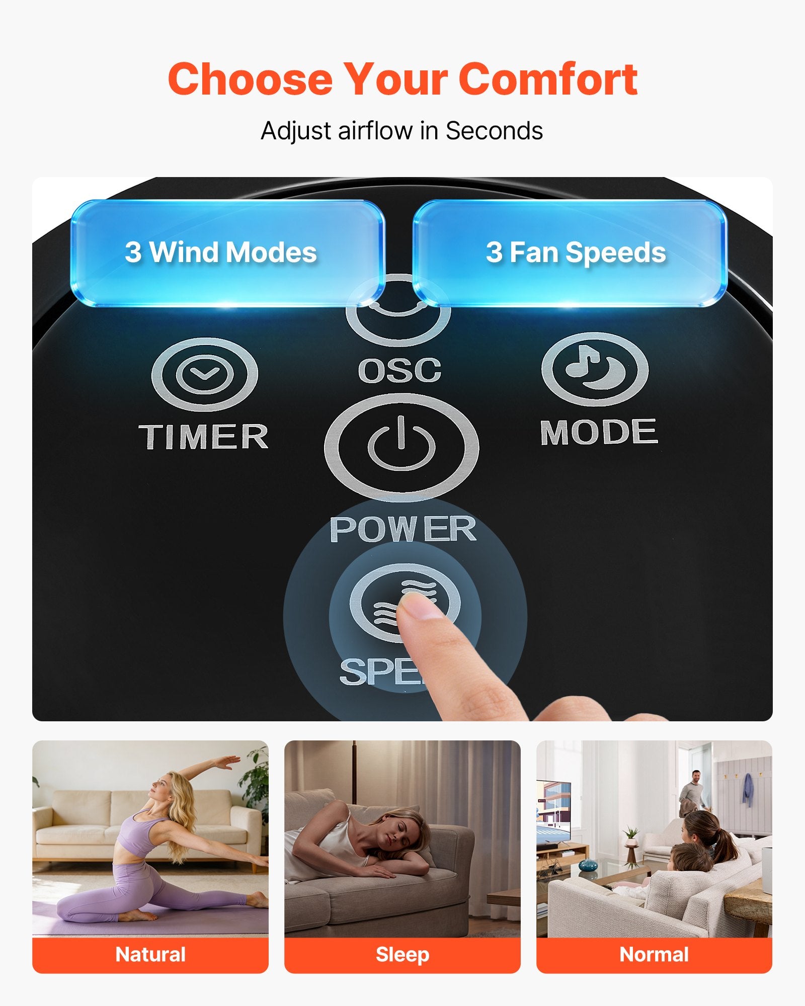 VEVOR Tower Fan, 50-Degree Oscillating Standing Fan, 3 Speeds & 3 Modes & 7.5-Hour Timer, 4.2 m/s High Velocity Floor Air Circulator, Powerful Airflow for Bedroom, Living Room, Home, Office, Black