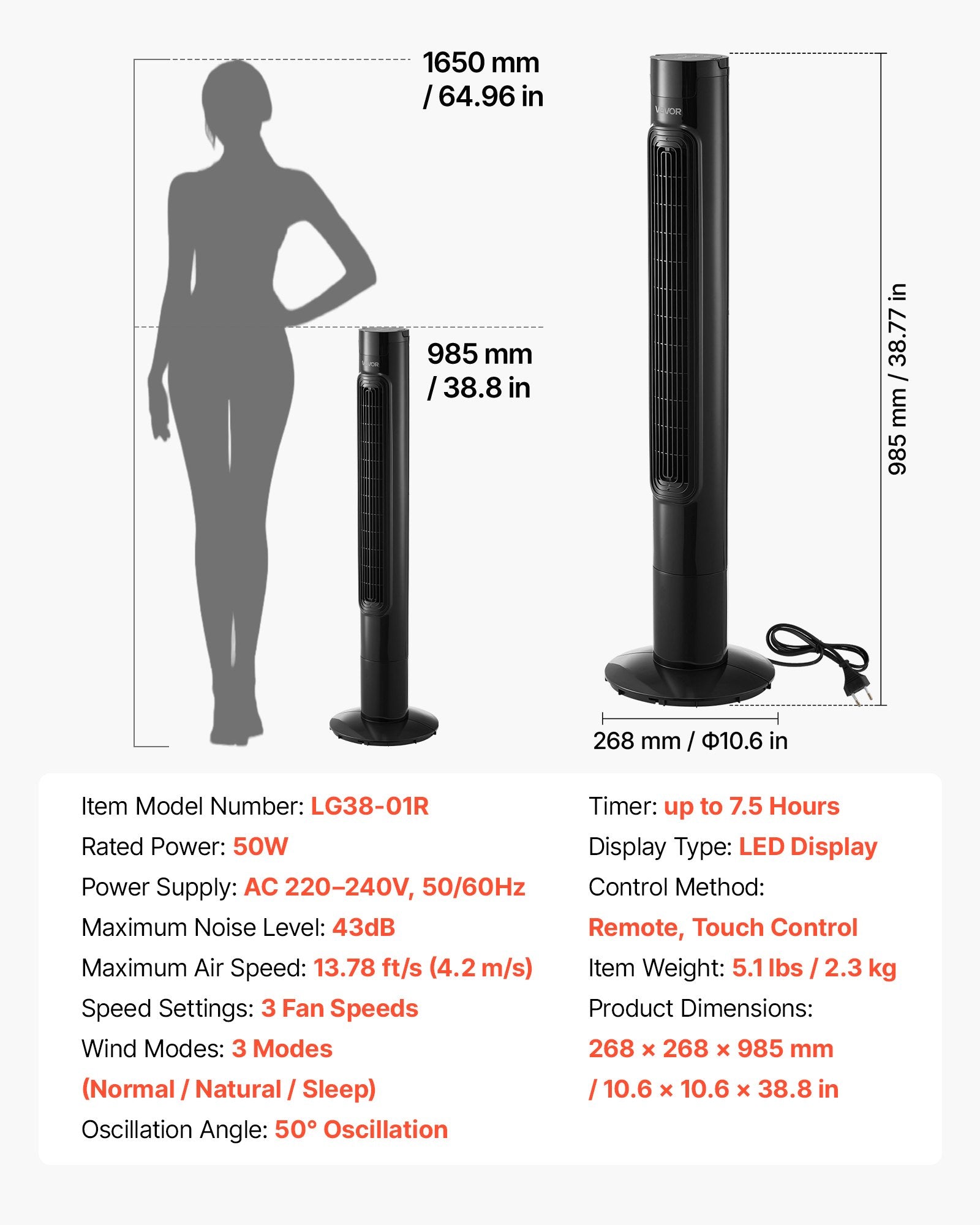 VEVOR Tower Fan, 50-Degree Oscillating Standing Fan, 3 Speeds & 3 Modes & 7.5-Hour Timer, 4.2 m/s High Velocity Floor Air Circulator, Powerful Airflow for Bedroom, Living Room, Home, Office, Black