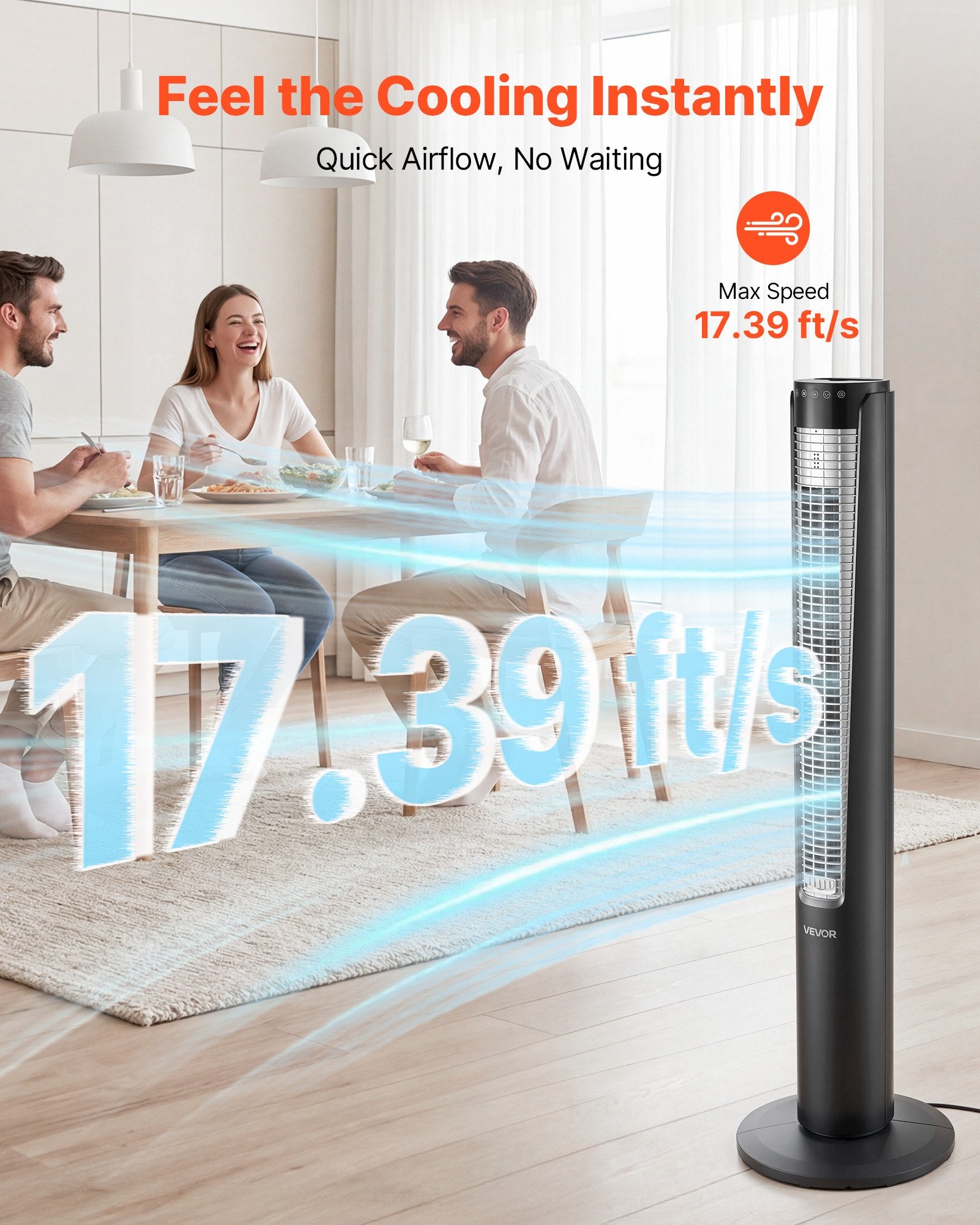 VEVOR Tower Fan, 70-Degree Oscillating Standing Fan, 3 Speeds & 4 Modes & 12-Hour Timer, 5.3 m/s High Velocity Floor Air Circulator, Powerful Airflow for Bedroom, Living Room, Home, Office, Black