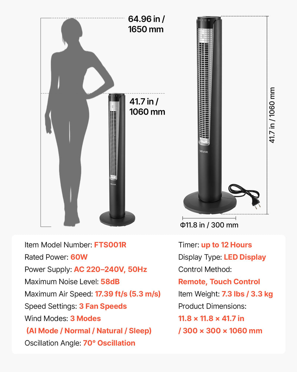 VEVOR Tower Fan, 70-Degree Oscillating Standing Fan, 3 Speeds & 4 Modes & 12-Hour Timer, 5.3 m/s High Velocity Floor Air Circulator, Powerful Airflow for Bedroom, Living Room, Home, Office, Black