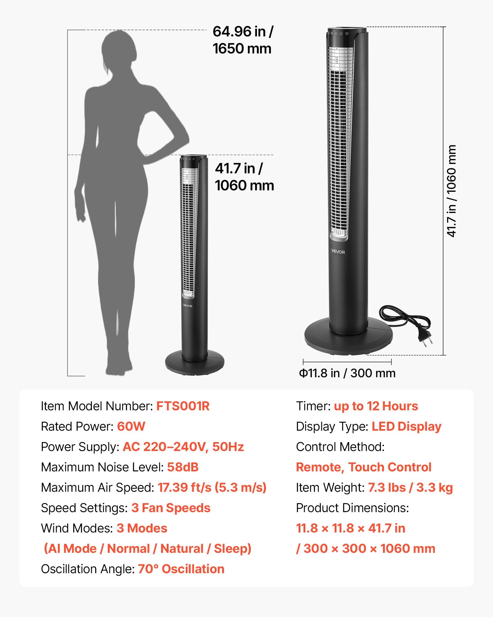 VEVOR Tower Fan, 70-Degree Oscillating Standing Fan, 3 Speeds & 4 Modes & 12-Hour Timer, 5.3 m/s High Velocity Floor Air Circulator, Powerful Airflow for Bedroom, Living Room, Home, Office, Black