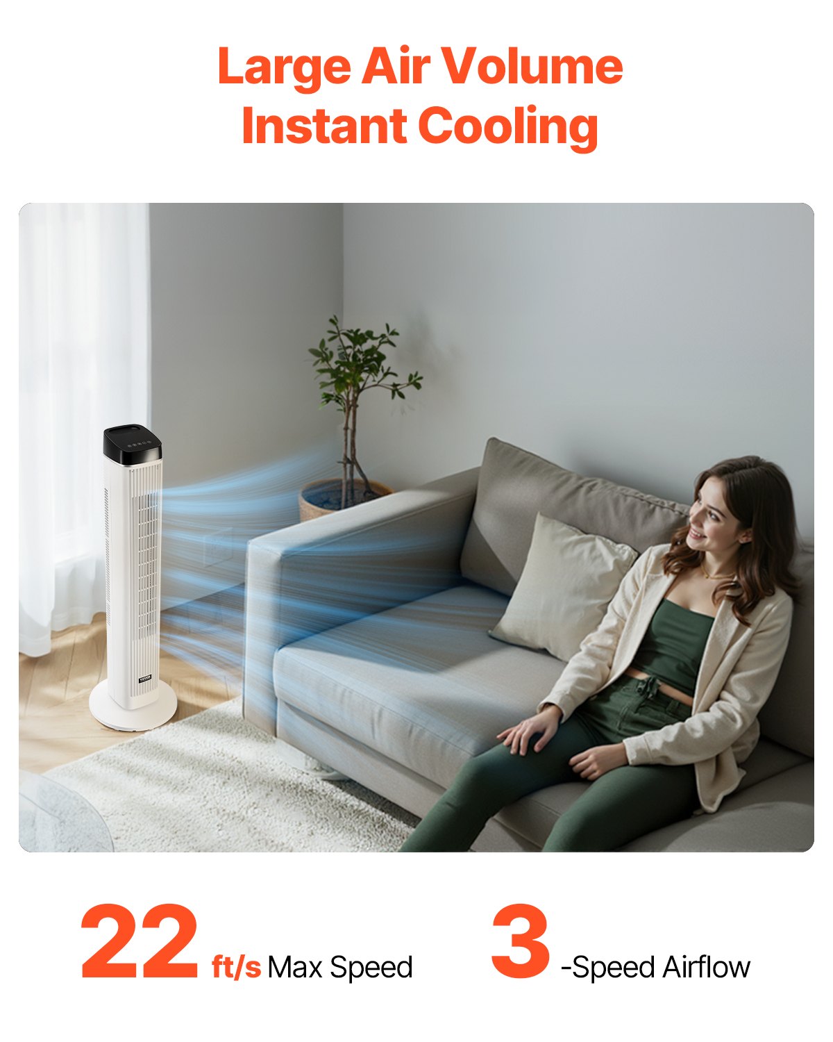 VEVOR Tower Fan, 22 ft/s Velocity Quiet Floor Fan, 70° Oscillating Fans for Indoors with 3 Speeds, 4 Modes, 12H Timer, Portable Standing Bladeless Fan with Remote Control for Bedroom, Office, Home
