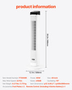 VEVOR Tower Fan, 22 ft/s Velocity Quiet Floor Fan, 70° Oscillating Fans for Indoors with 3 Speeds, 4 Modes, 12H Timer, Portable Standing Bladeless Fan with Remote Control for Bedroom, Office, Home