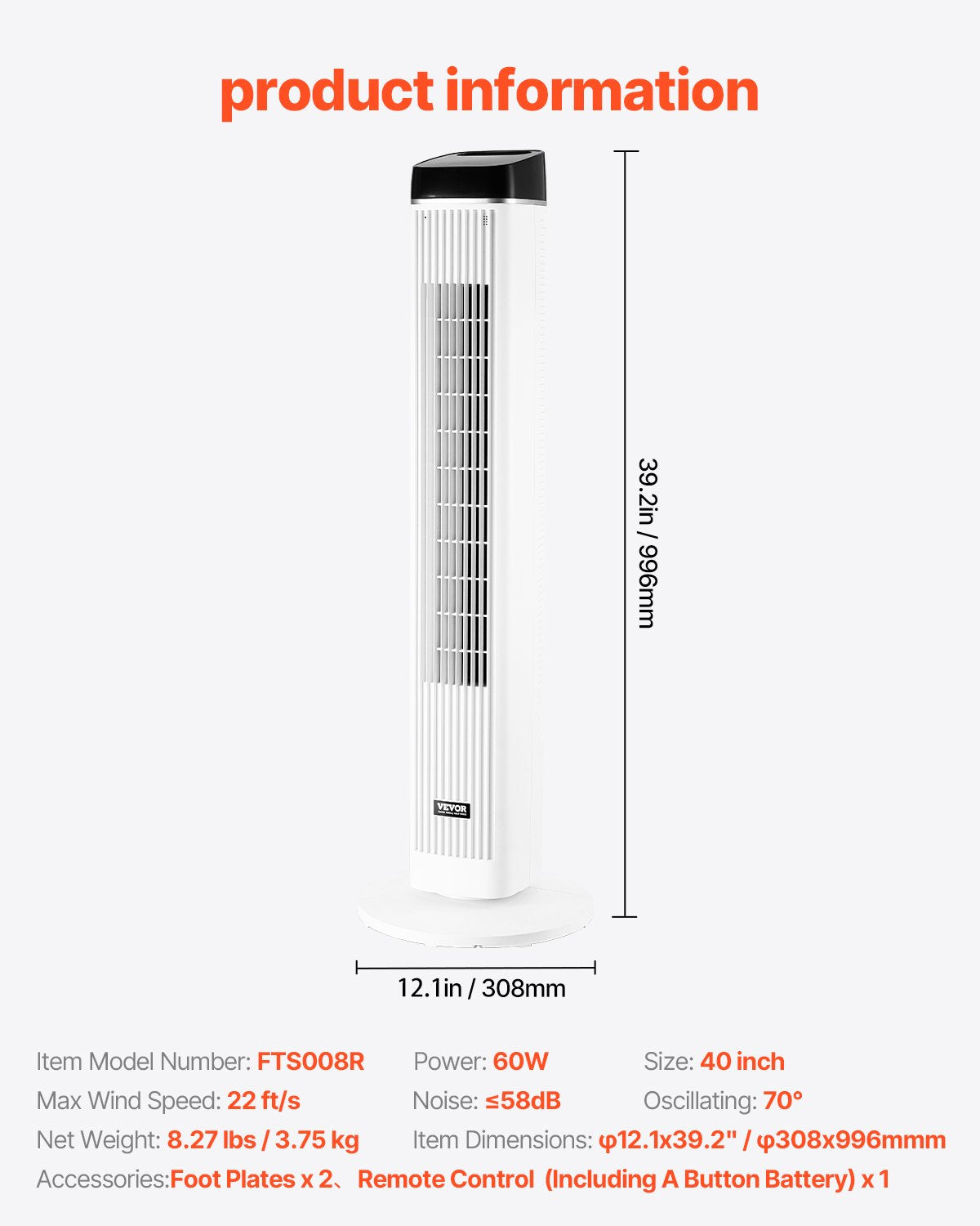 VEVOR Tower Fan, 22 ft/s Velocity Quiet Floor Fan, 70° Oscillating Fans for Indoors with 3 Speeds, 4 Modes, 12H Timer, Portable Standing Bladeless Fan with Remote Control for Bedroom, Office, Home