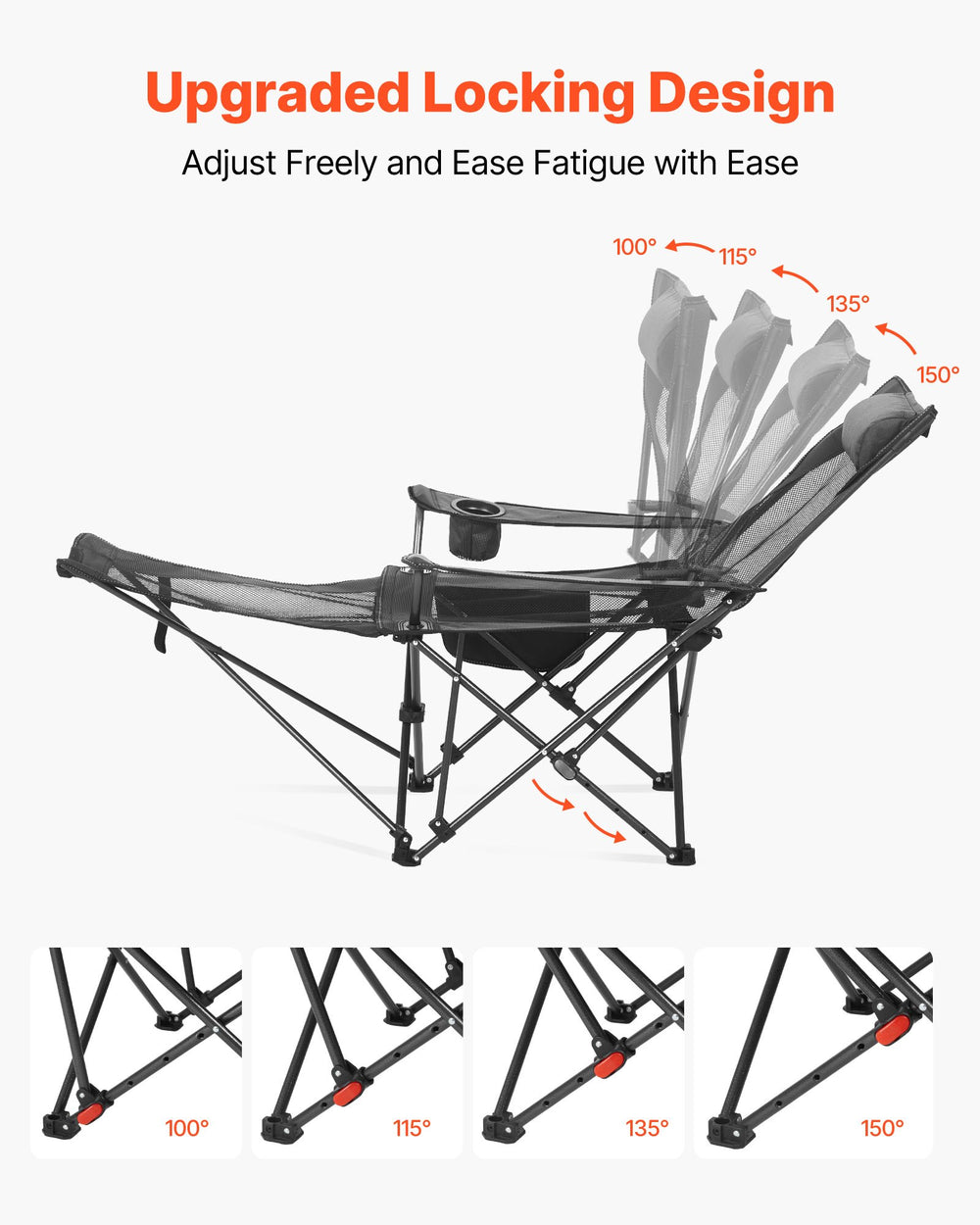 VEVOR Reclining Camping Chair, 4 Adjustable Positions, Portable Folding Lounger for Adults, Mesh Beach Chair with Headrest & Foot Rest, Supports 220 lbs, Heavy Duty Camp Chairs for Patio, Gray