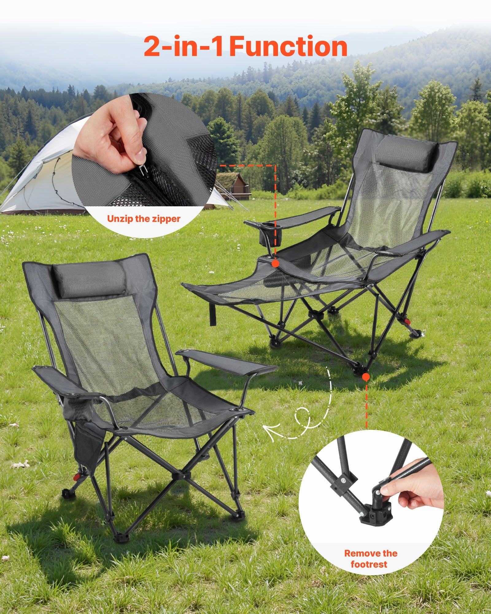 VEVOR Reclining Camping Chair, 4 Adjustable Positions, Portable Folding Lounger for Adults, Mesh Beach Chair with Headrest & Foot Rest, Supports 220 lbs, Heavy Duty Camp Chairs for Patio, Gray