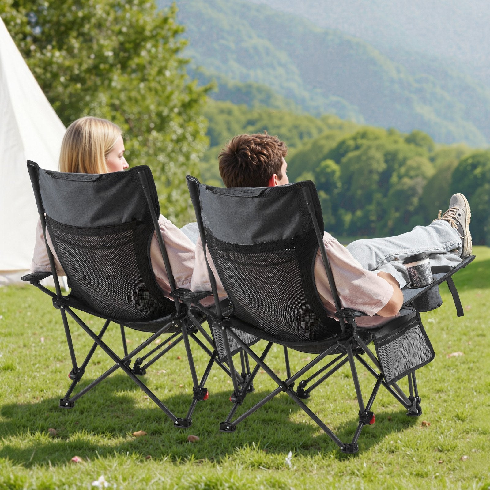 VEVOR Reclining Camping Chair, 4 Adjustable Positions, Portable Folding Lounger for Adults, Mesh Beach Chair with Headrest & Foot Rest, Supports 220 lbs, Heavy Duty Camp Chairs for Patio, Gray
