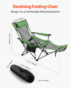 VEVOR Reclining Camping Chair, 4 Adjustable Positions, Portable Folding Lounger for Adults, Mesh Beach Chair with Headrest & Foot Rest, Supports 220 lbs, Heavy Duty Camp Chairs for Patio, Green