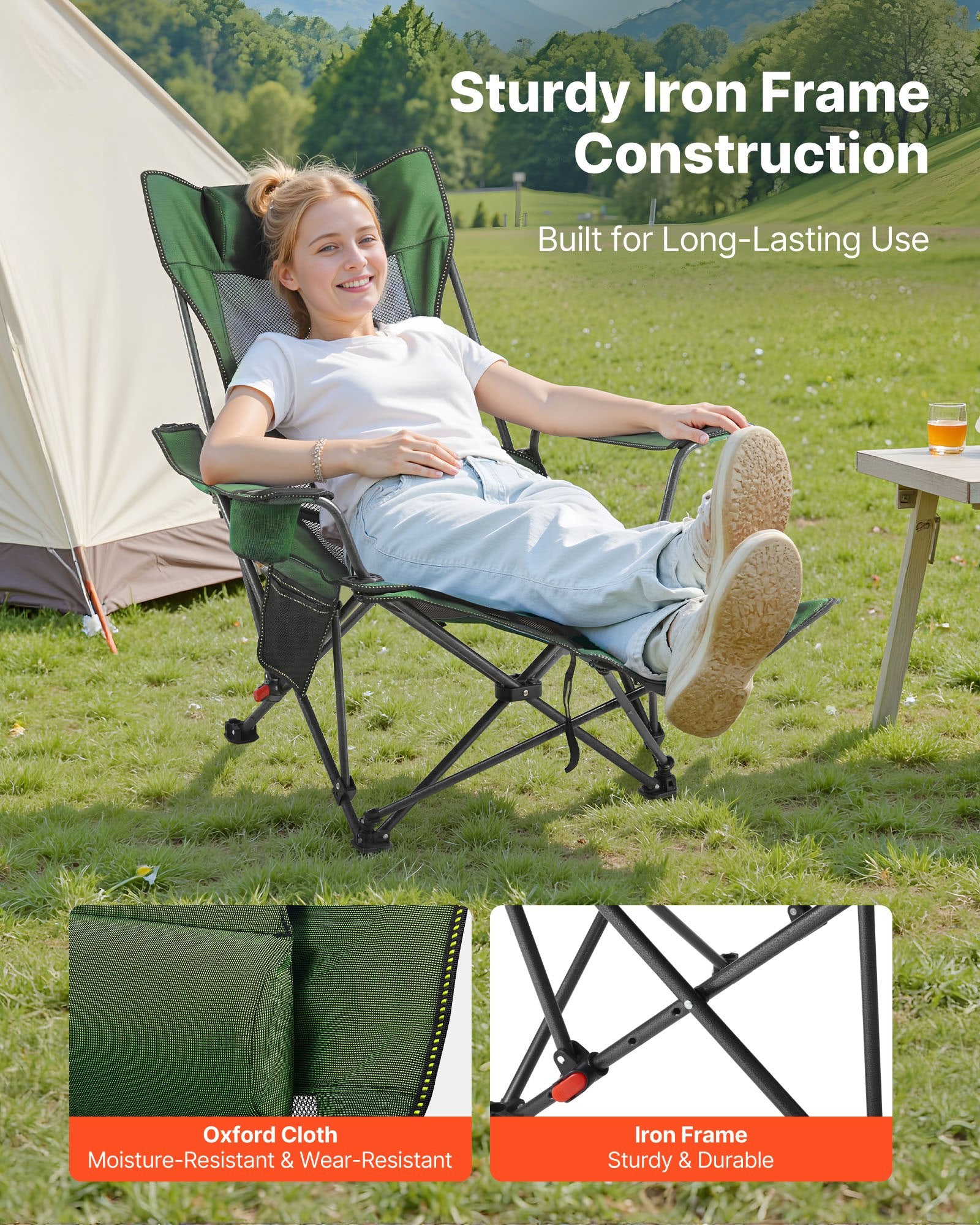 VEVOR Reclining Camping Chair, 4 Adjustable Positions, Portable Folding Lounger for Adults, Mesh Beach Chair with Headrest & Foot Rest, Supports 220 lbs, Heavy Duty Camp Chairs for Patio, Green