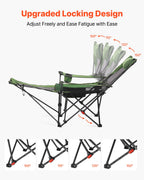 VEVOR Reclining Camping Chair, 4 Adjustable Positions, Portable Folding Lounger for Adults, Mesh Beach Chair with Headrest & Foot Rest, Supports 220 lbs, Heavy Duty Camp Chairs for Patio, Green