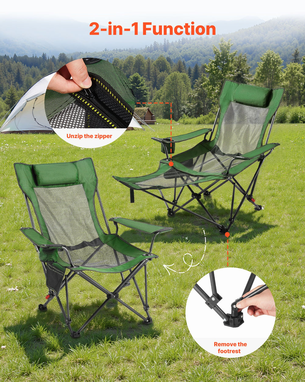 VEVOR Reclining Camping Chair, 4 Adjustable Positions, Portable Folding Lounger for Adults, Mesh Beach Chair with Headrest & Foot Rest, Supports 220 lbs, Heavy Duty Camp Chairs for Patio, Green