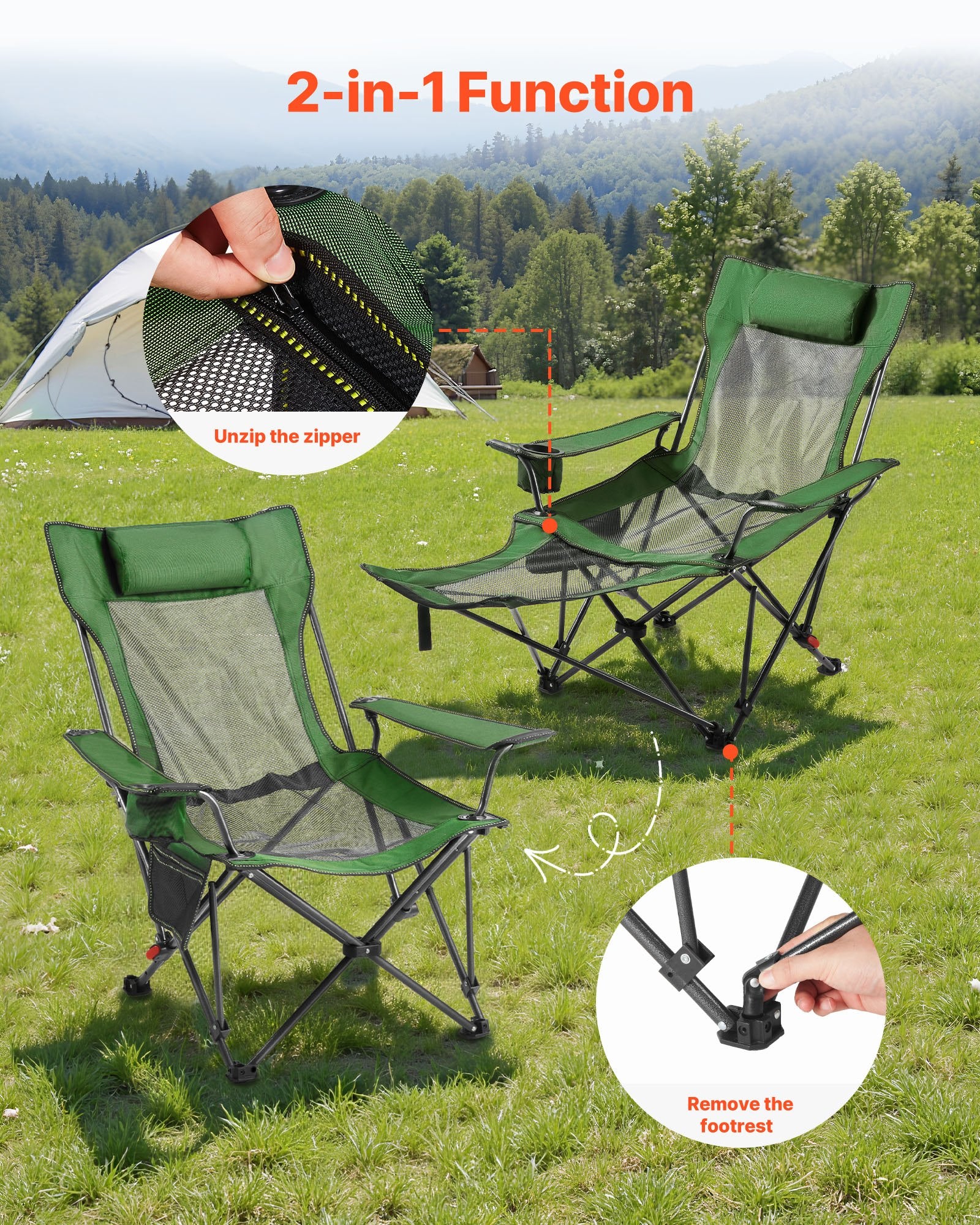 VEVOR Reclining Camping Chair, 4 Adjustable Positions, Portable Folding Lounger for Adults, Mesh Beach Chair with Headrest & Foot Rest, Supports 220 lbs, Heavy Duty Camp Chairs for Patio, Green