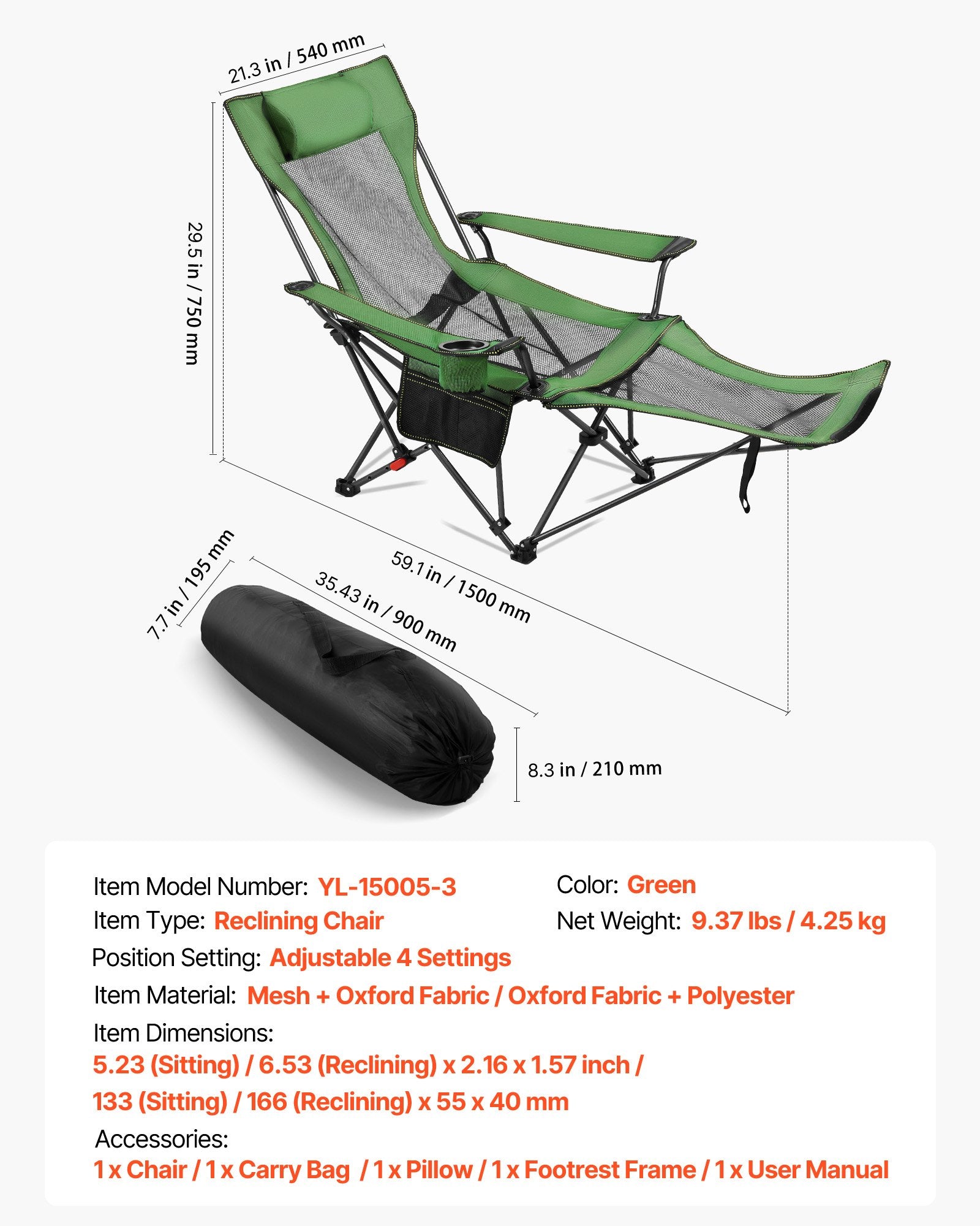 VEVOR Reclining Camping Chair, 4 Adjustable Positions, Portable Folding Lounger for Adults, Mesh Beach Chair with Headrest & Foot Rest, Supports 220 lbs, Heavy Duty Camp Chairs for Patio, Green