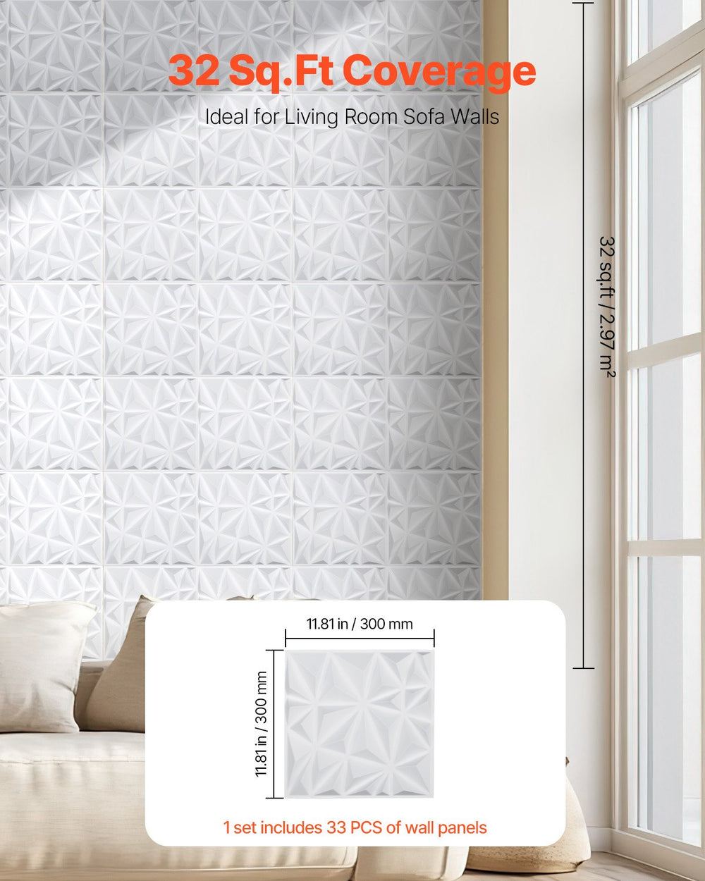 VEVOR 3D Wall Panels, 33-Pack 11.81 x 11.81 in PVC Modern Art Minimalist Diamond Tiles, 32 Sq.Ft Coverage Accent Wall Panel, Interior Home Decor for Ceiling, Bedroom, Living & Gaming Room, Matte White