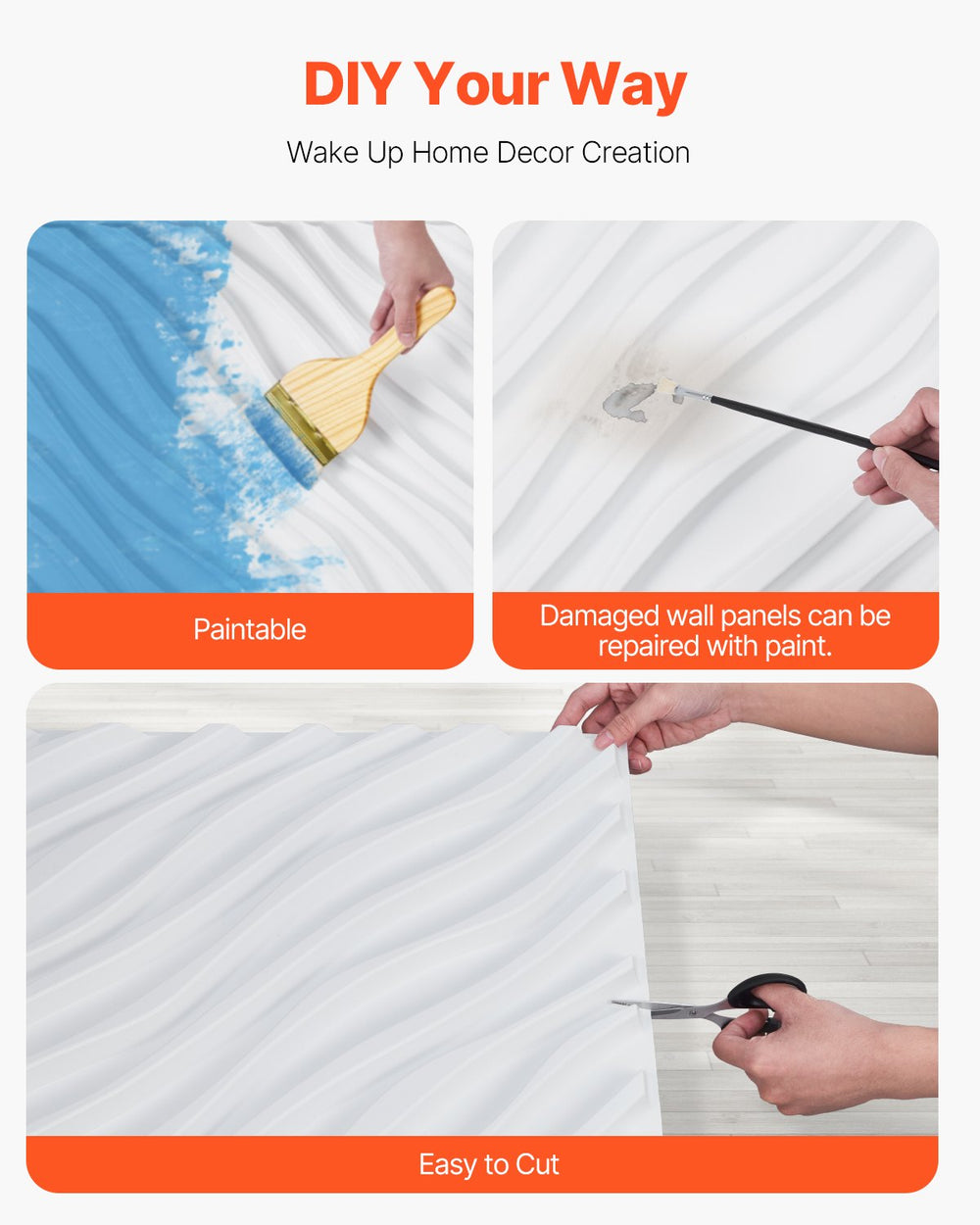 VEVOR 3D Wall Panels, 12-Pack 19.7 x 19.7 in PVC Modern Art Minimalist Wave Tiles, 32 Sq.Ft Coverage Accent Wall Panel, Interior Home Decor for Ceiling, Bedroom, Living & Gaming Room, Matte White