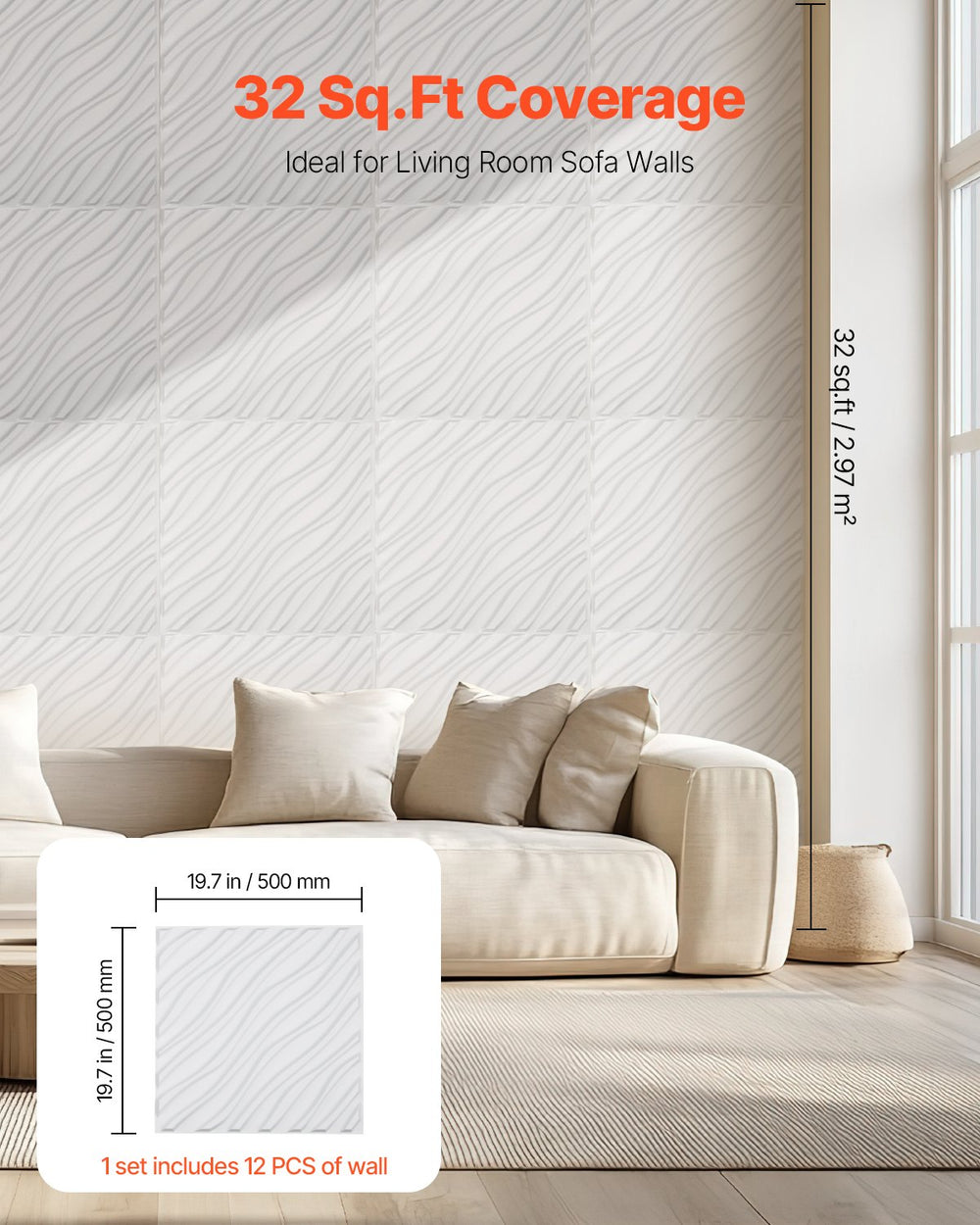 VEVOR 3D Wall Panels, 12-Pack 19.7 x 19.7 in PVC Modern Art Minimalist Wave Tiles, 32 Sq.Ft Coverage Accent Wall Panel, Interior Home Decor for Ceiling, Bedroom, Living & Gaming Room, Matte White