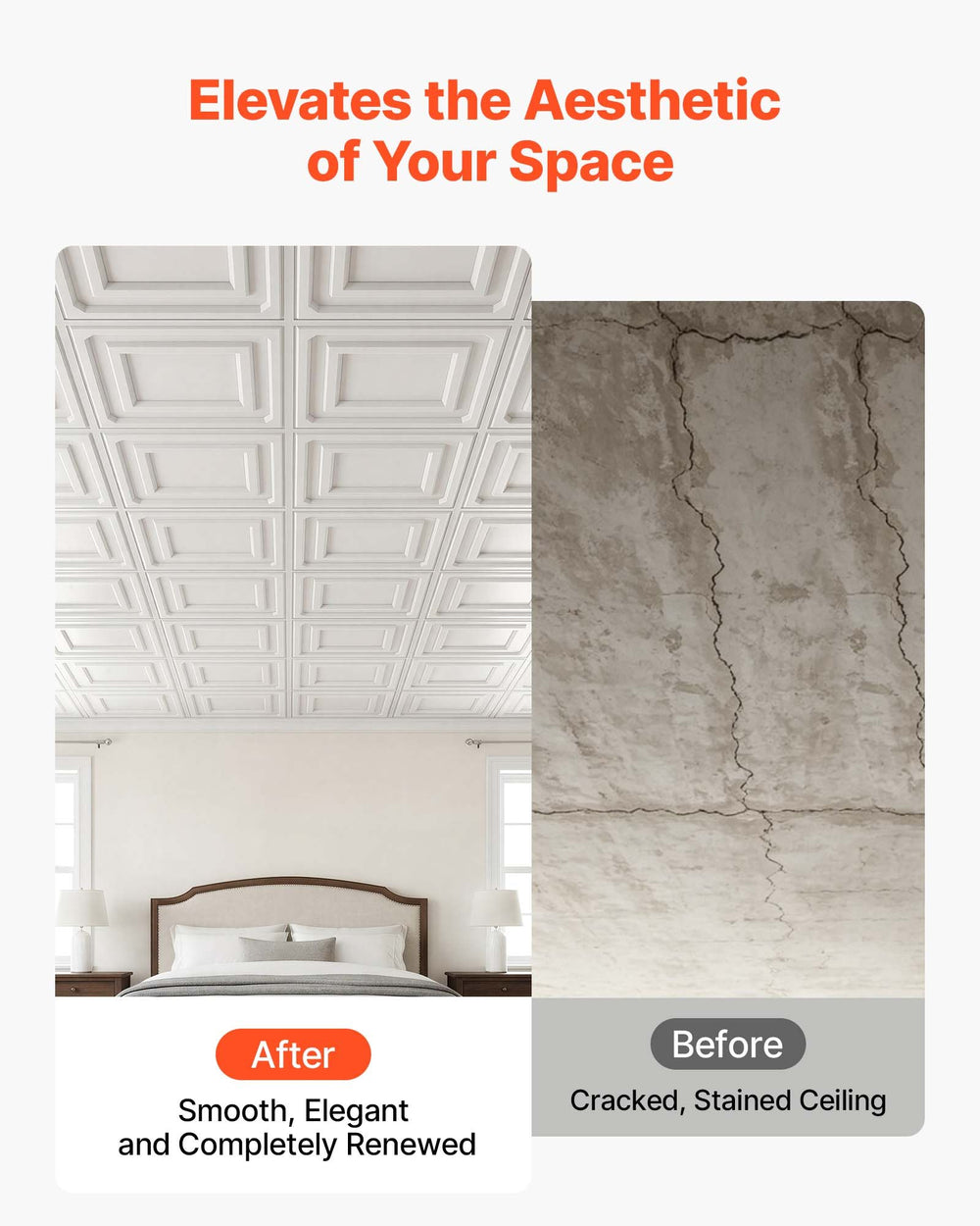 VEVOR 605x1215mm PVC Ceiling Tiles 12-Pack White 3D Textured Accent Panels, Smooth PVC Sheet for Drop Grid, Impact-Resistant, Paintable Surface, Easy Cut, Modern Decorative Style for Home, Office Area