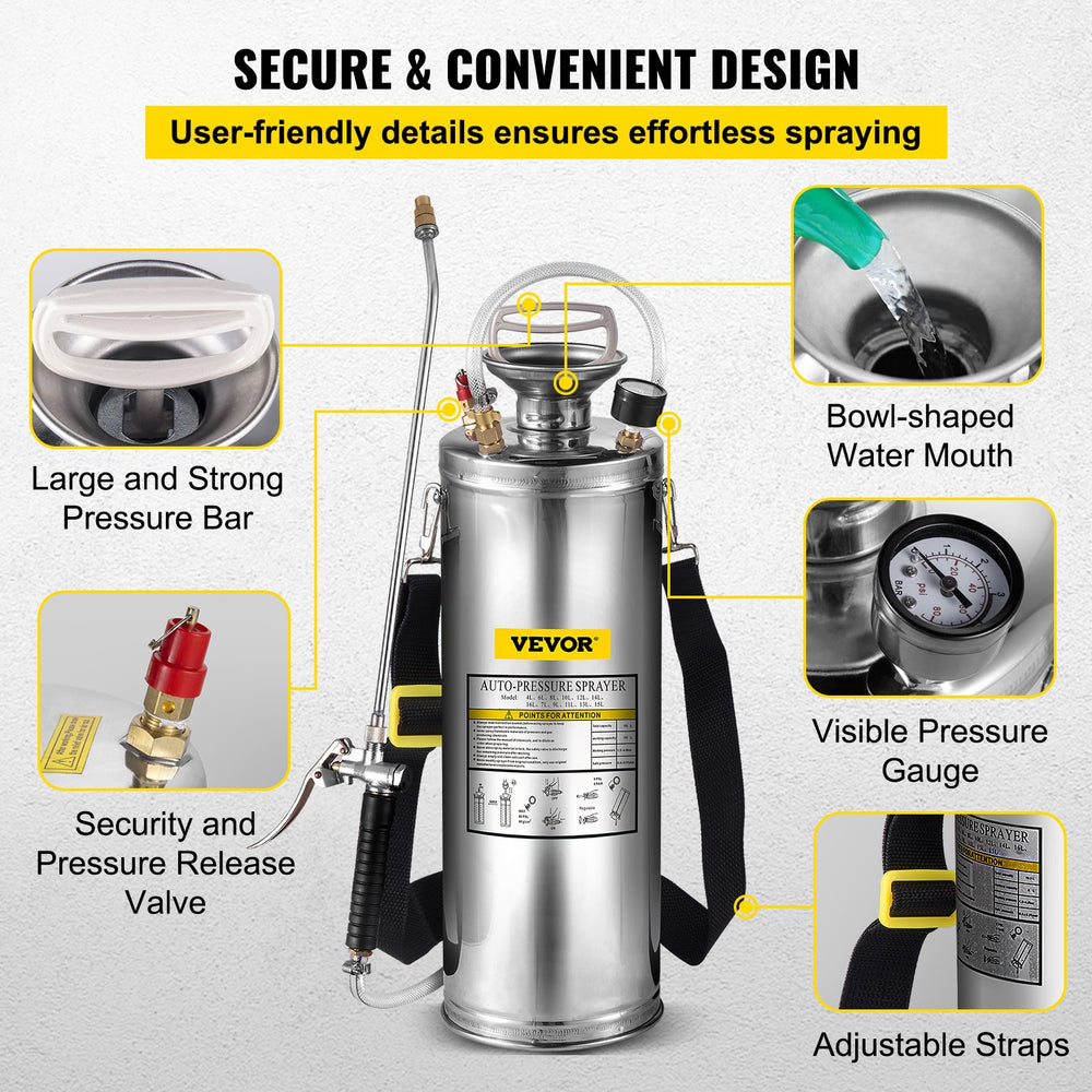 VEVOR Stainless Steel Sprayer 10L Household Gardening and Floor Cleaning Sprayer, Suitable for the Current Neds of Industry, Agriculture, Commerce, Medicine and Other Industries