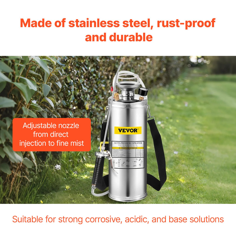 VEVOR Stainless Steel Sprayer 10L Household Gardening and Floor Cleaning Sprayer, Suitable for the Current Neds of Industry, Agriculture, Commerce, Medicine and Other Industries