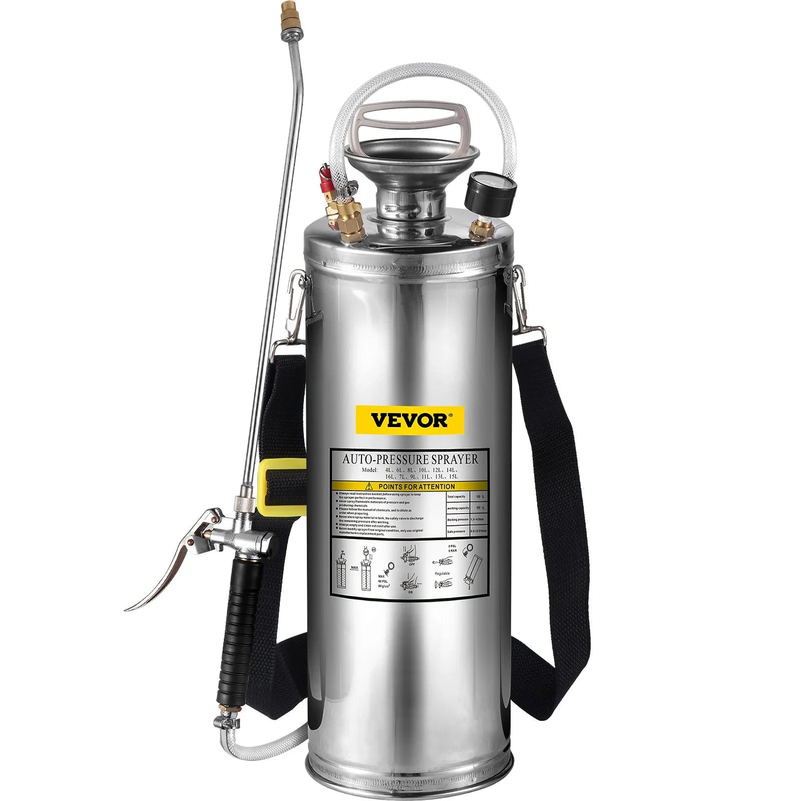 VEVOR Stainless Steel Sprayer 10L Household Gardening and Floor Cleaning Sprayer, Suitable for the Current Neds of Industry, Agriculture, Commerce, Medicine and Other Industries