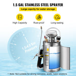 VEVOR Stainless Steel Sprayer 6L Household Gardening and Floor Cleaning Sprayer, Suitable for the Current Neds of Industry, Agriculture, Commerce, Medicine and Other Industries